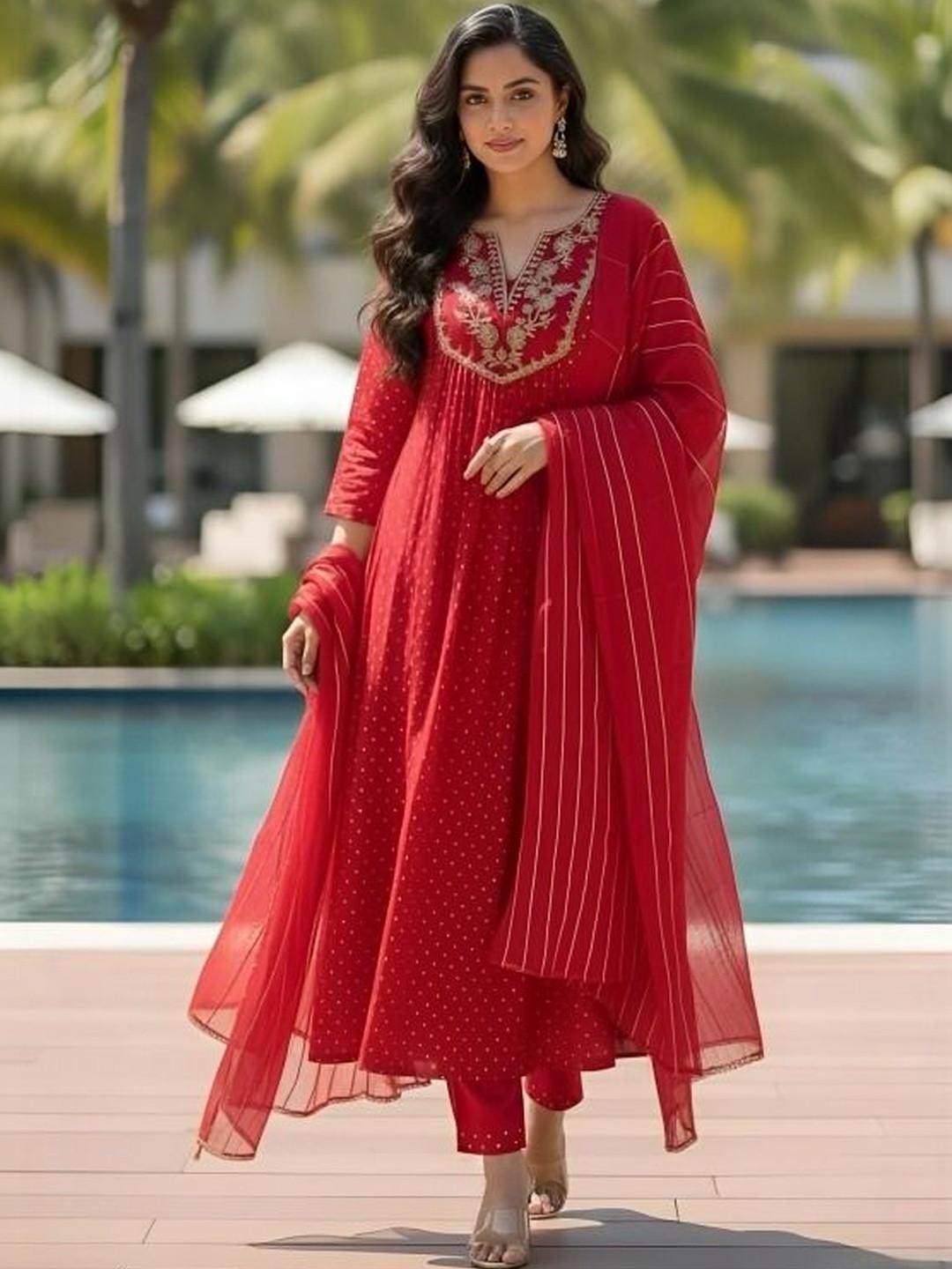 EVANORA Women Ethnic Motifs Printed Empire Thread Work Kurta with Trousers & With Dupatta