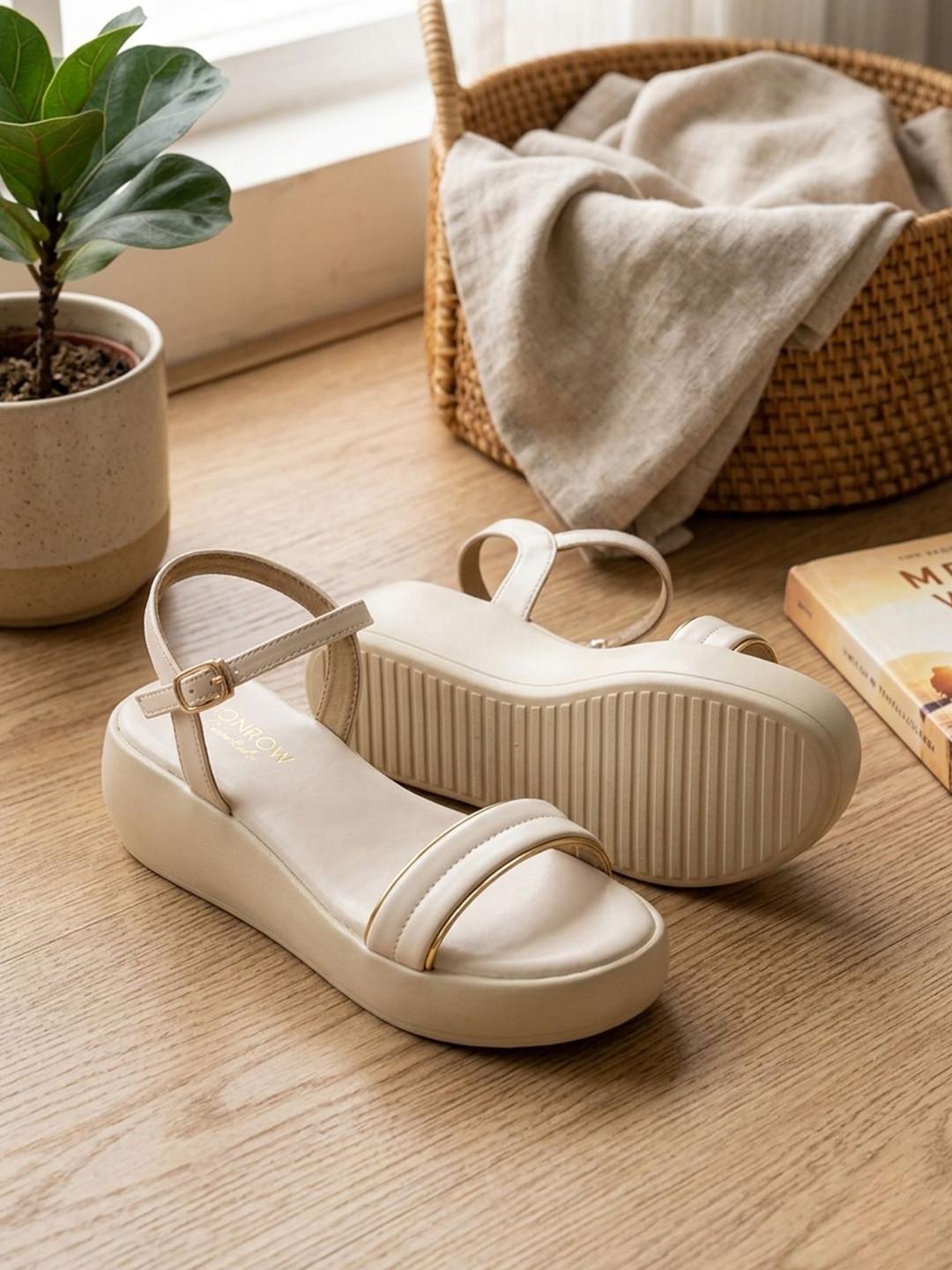 Monrow Cream Open Toe Backstrap Embellished Wedges