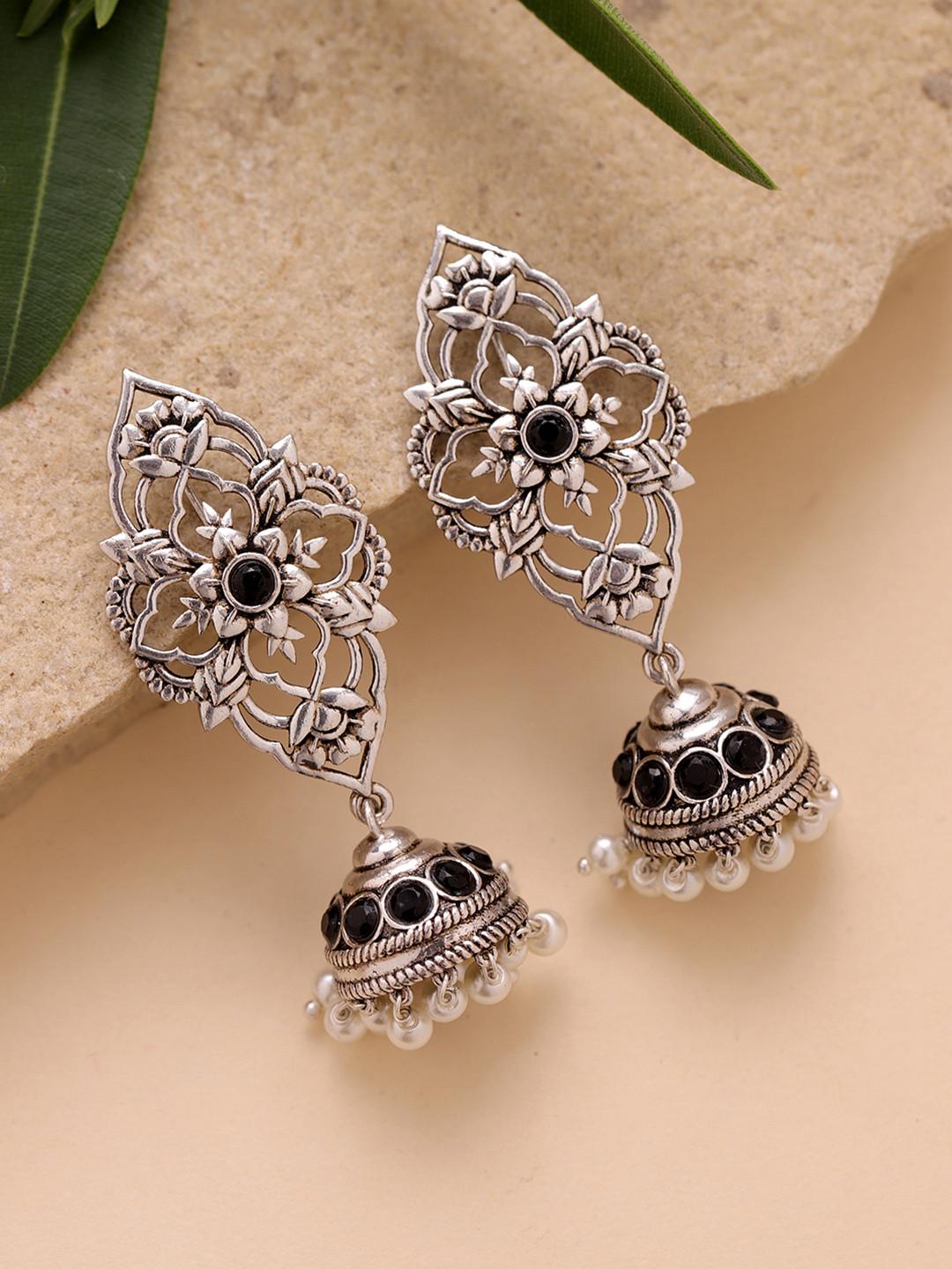 Voylla Black Floral Jhumkas Oxidised Earrings