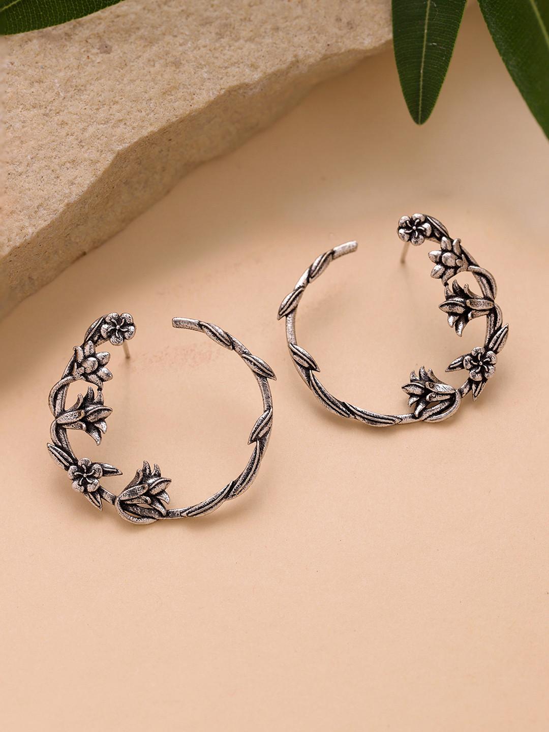 Voylla Floral Hoop Oxidised Earrings