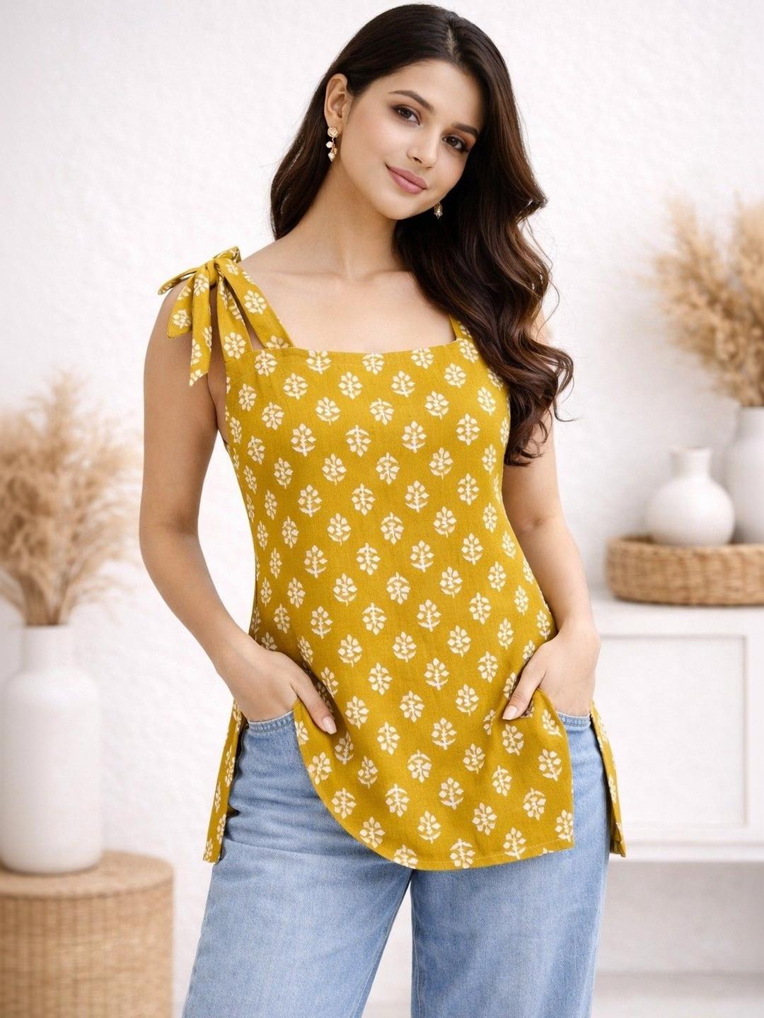 Adyavastram Ethnic Motifs Printed Square Neck Pure Cotton Kurti