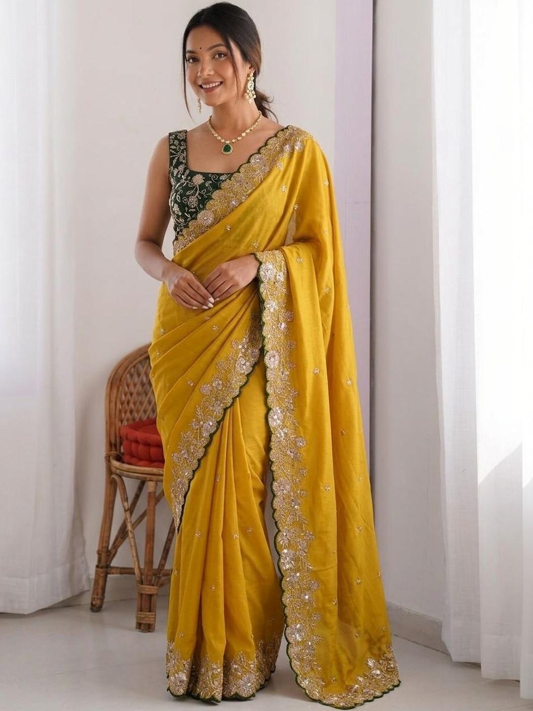 KALINI Embellished Embroidered Pure Georgette Heavy Work Saree