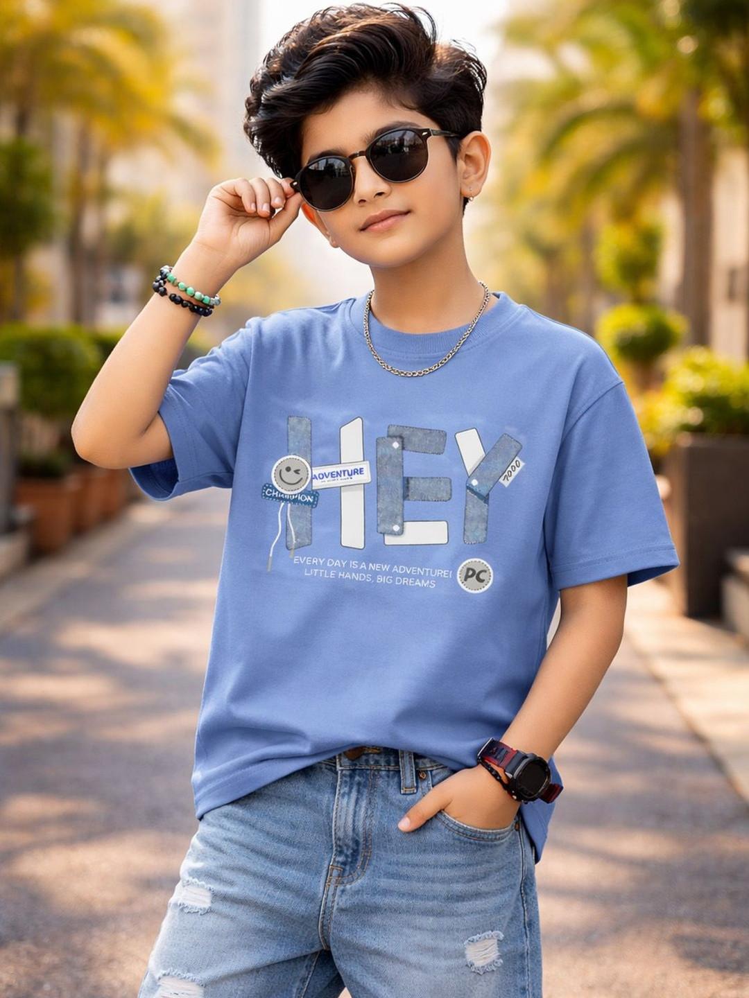 KEESOR Boys Blue Tshirts Half Sleeve Casual Graphic Printed Cotton Round Neck Regular Fit T-shirt