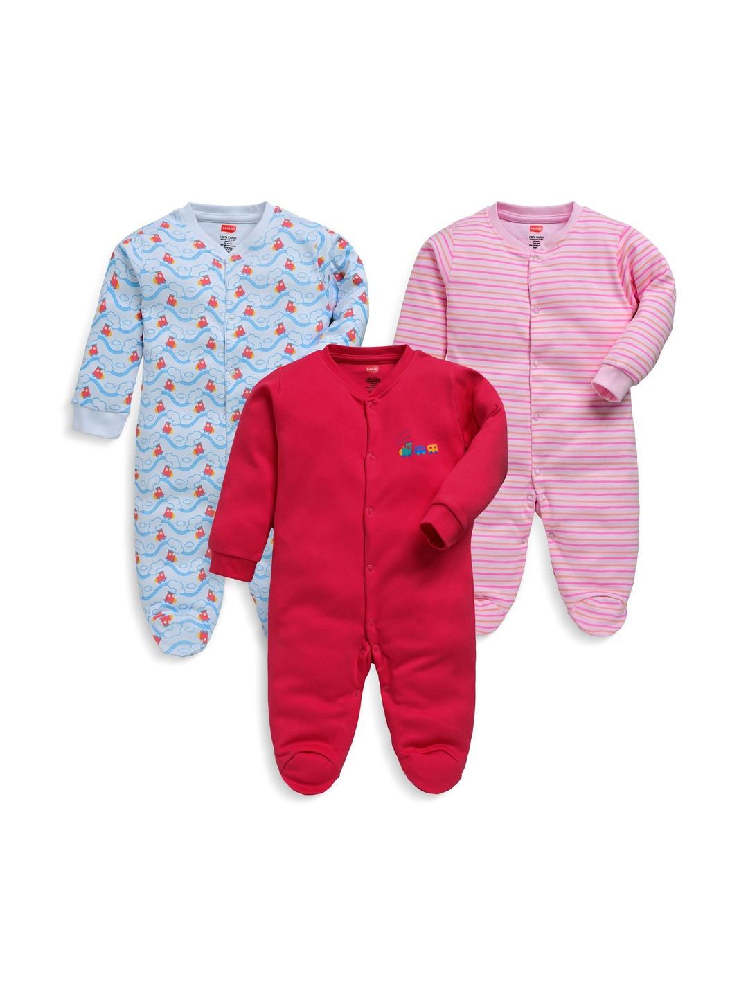 LuvLap Baby Boys & Girls Pack of 3 Regular Fit Cotton Full Sleeve Romper