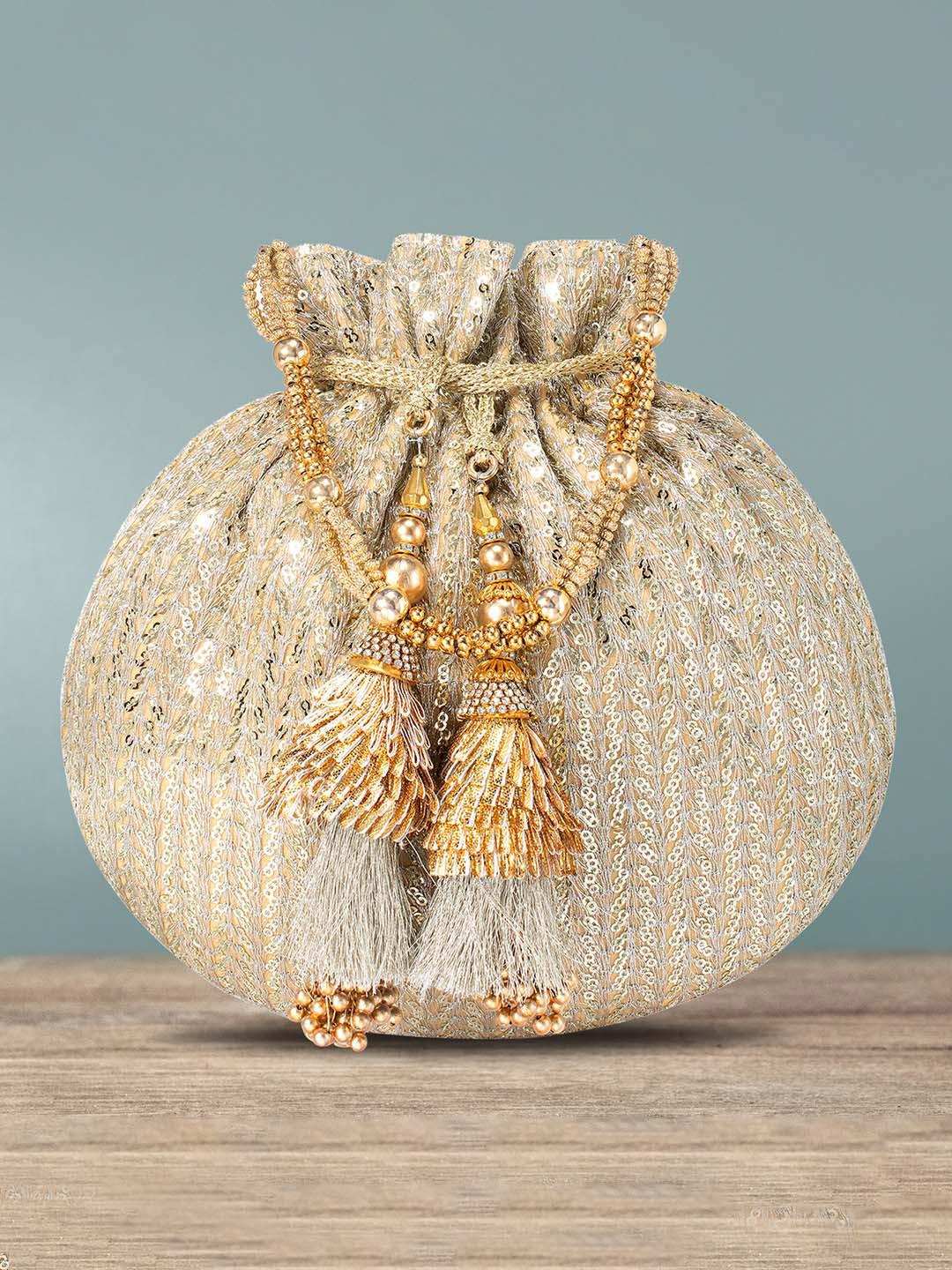 Peora Gold Sequinned Embellished Potli Clutch with Drawstring