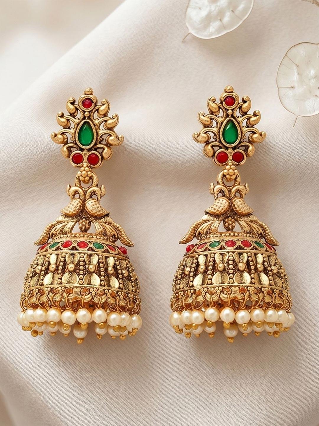 KARATCART Gold-Plated Dome Shaped Stones and Pearls Studded Jhumkas Earrings