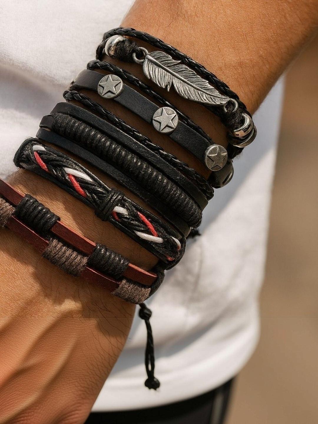 kazare Men 7 Leather Silver-Plated Multistrand Bracelet