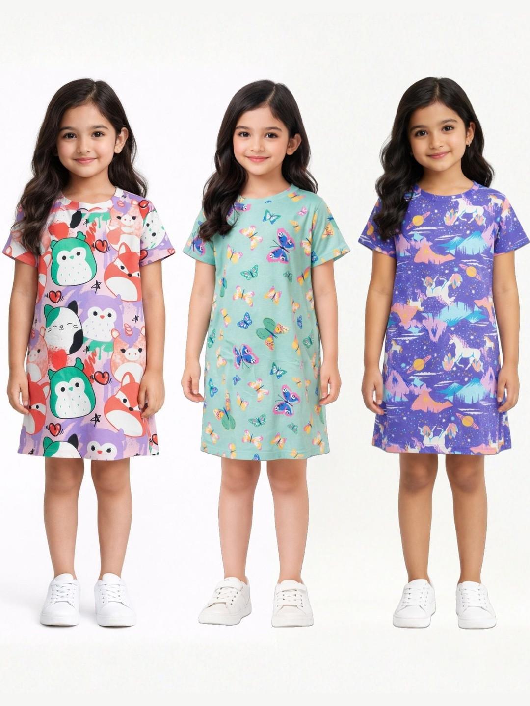 Anthrilo Girls Graphic Print Cotton Short Sleeve Round Neck Summer Nightdresse - Pack of 3