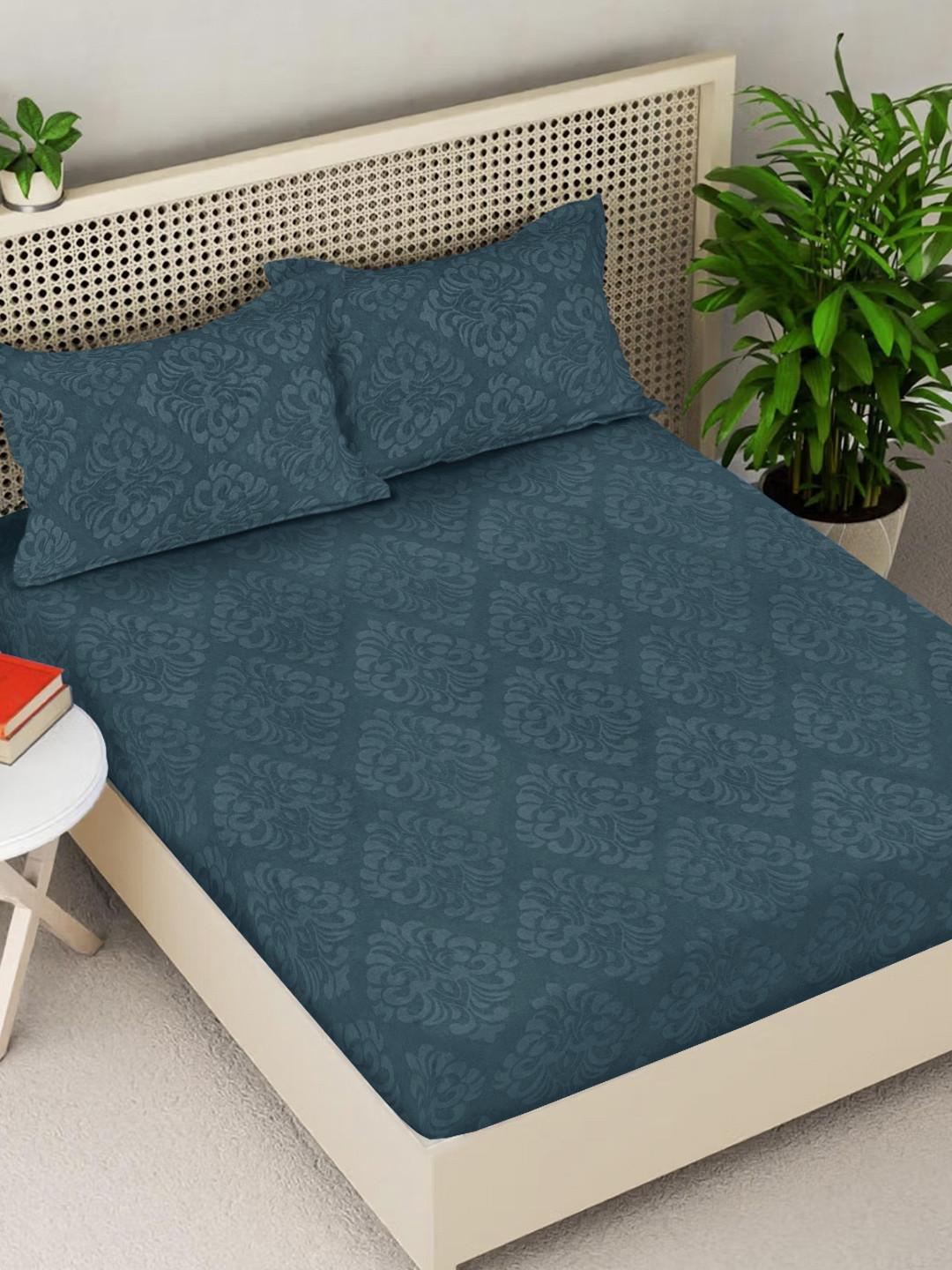 FABINALIV Sea Ethnic 300 TC King Size Fitted Embossed Bedsheet with 2 Pillow Covers