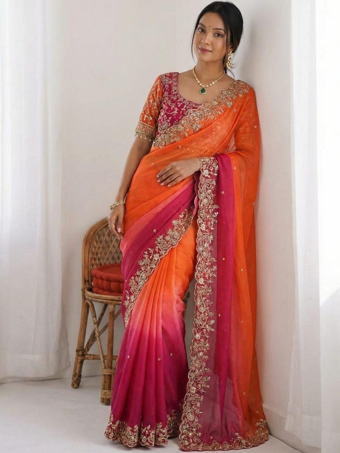 Sangria Embroidered Sarees With Unstitched Blouse Piece