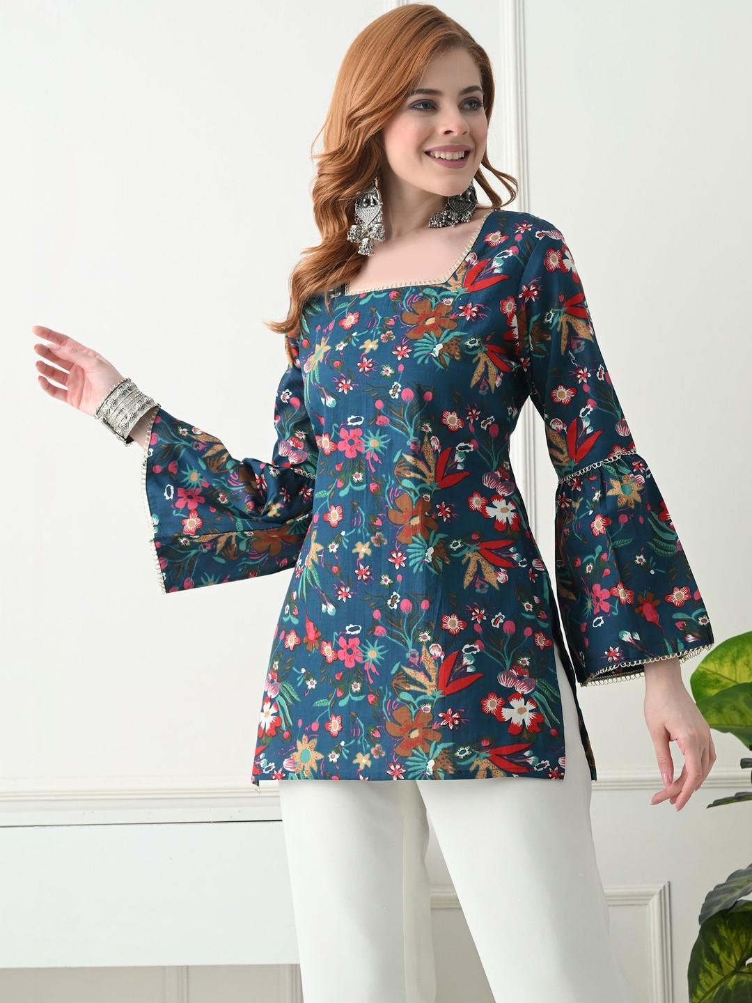 KJTRENDS Floral Printed Square Neck Flared Sleeves Pure Cotton Kurti