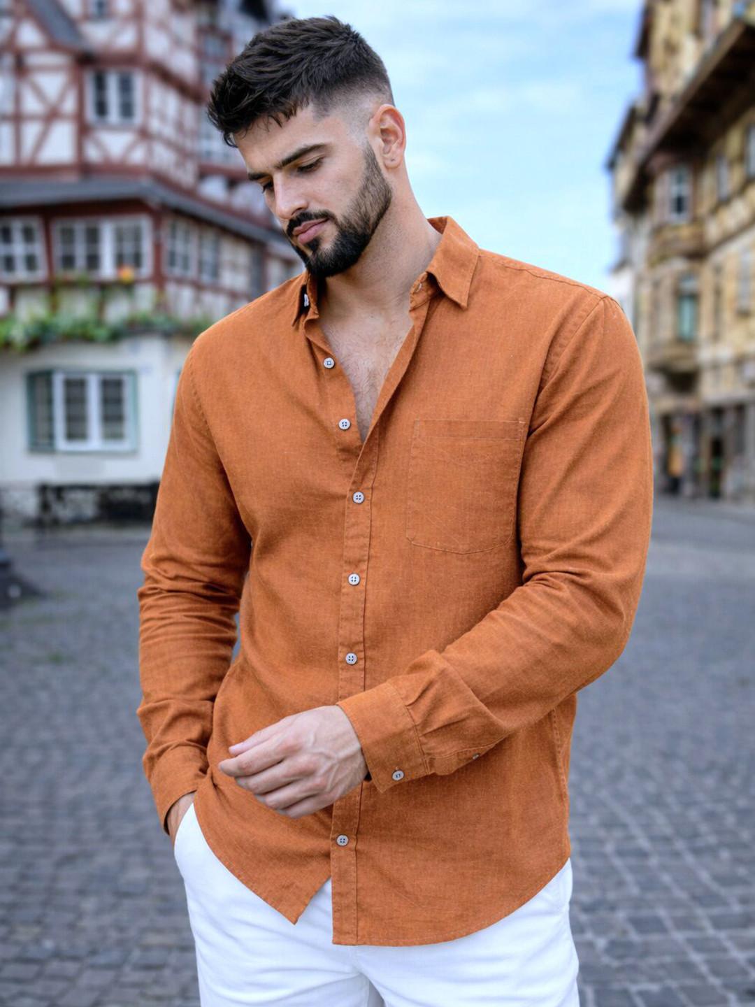 Mast & Harbour Men's Rust Cotton Linen Casual Shirts