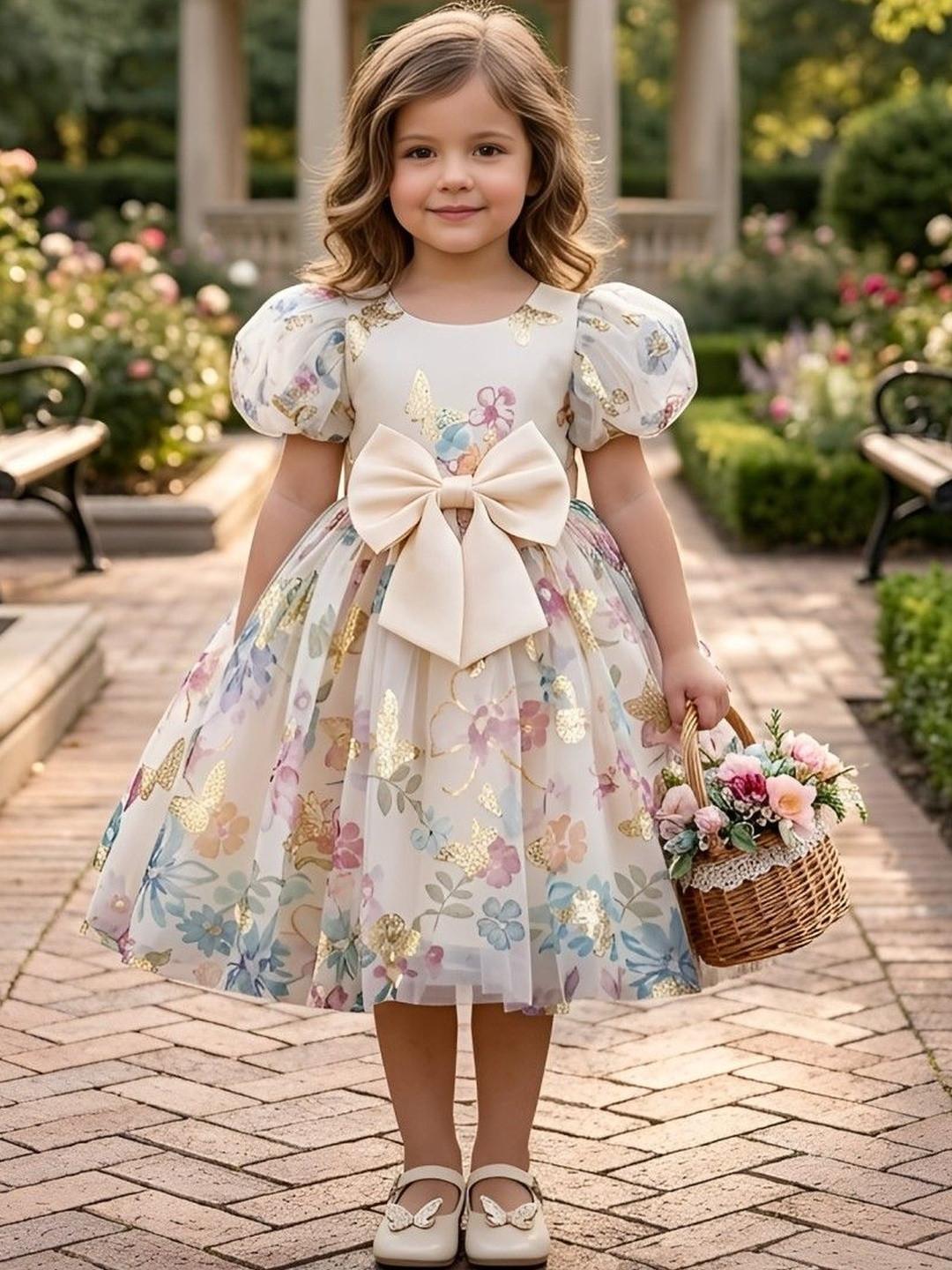 FOSTRIC Print Puff Sleeve Layered Net A-Line Dress
