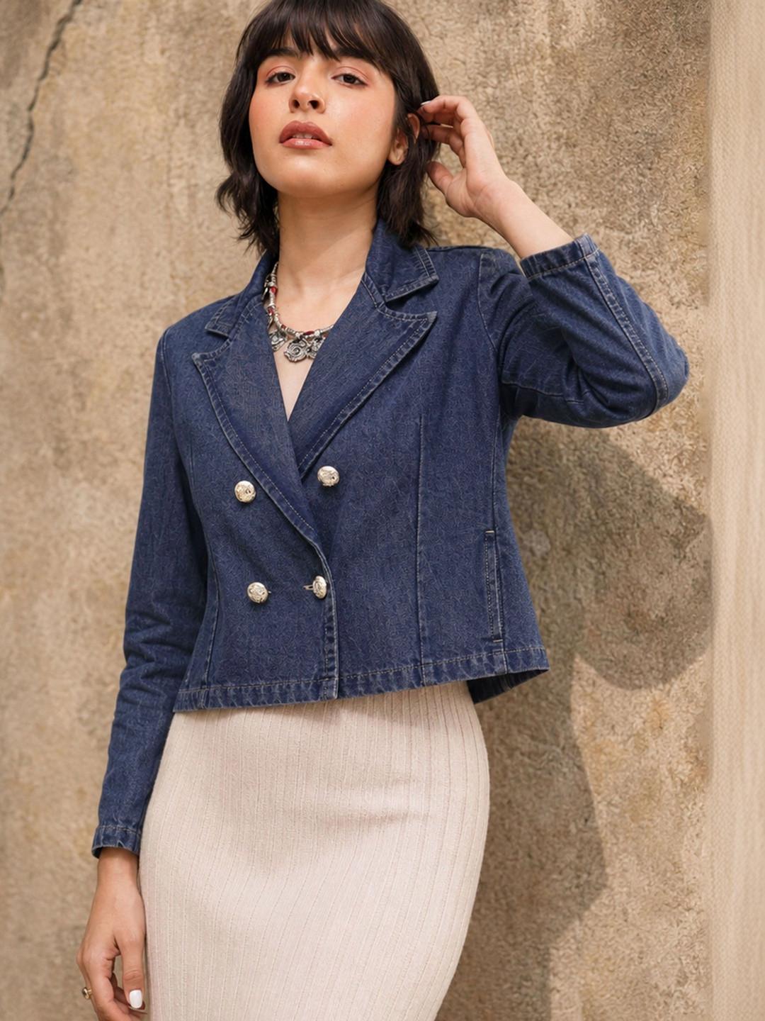 SASSAFRAS Notched Lapel Double-Breasted Denim Crop Blazer
