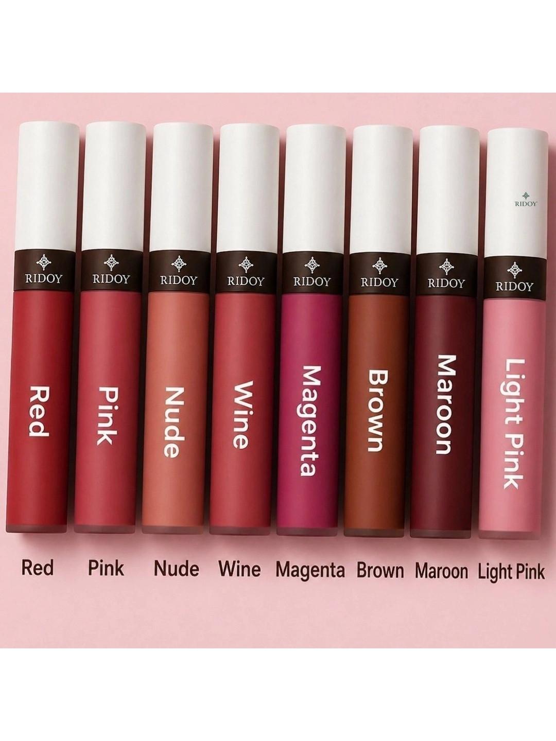 ridoy Set Of 8 Waterproof Liquid Matte Lipstick-3 ml Each - Light Pink-Maroon-Brown-Magent