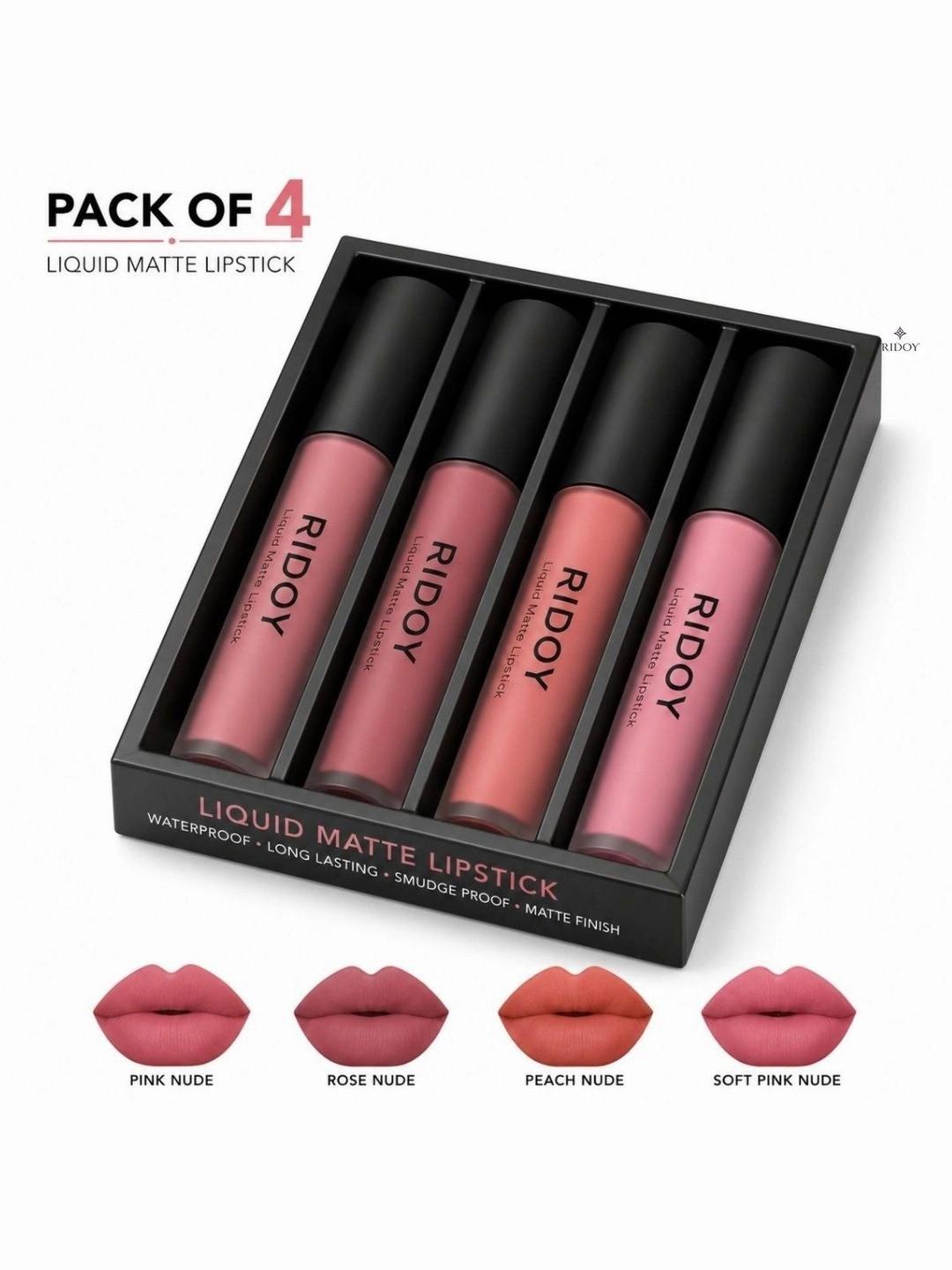 ridoy Set Of 4 Waterproof Liquid Matte Lipstick-3 ml Each - Pink Nude-Rose Nude-Peach Nude