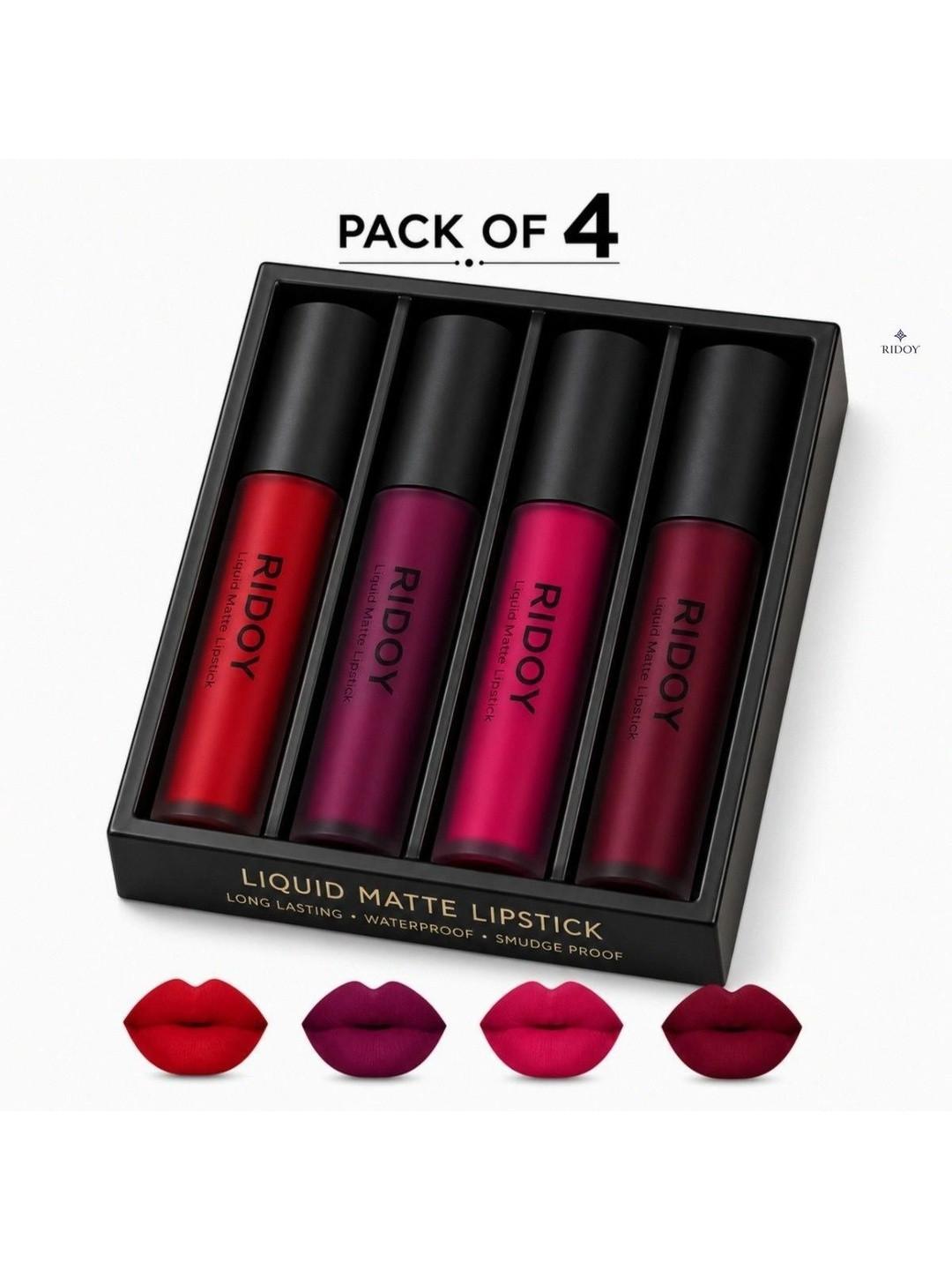 ridoy Set Of 4 Waterproof Liquid Matte Lipstick-3 ml Each - Classic Red-Berry Plum