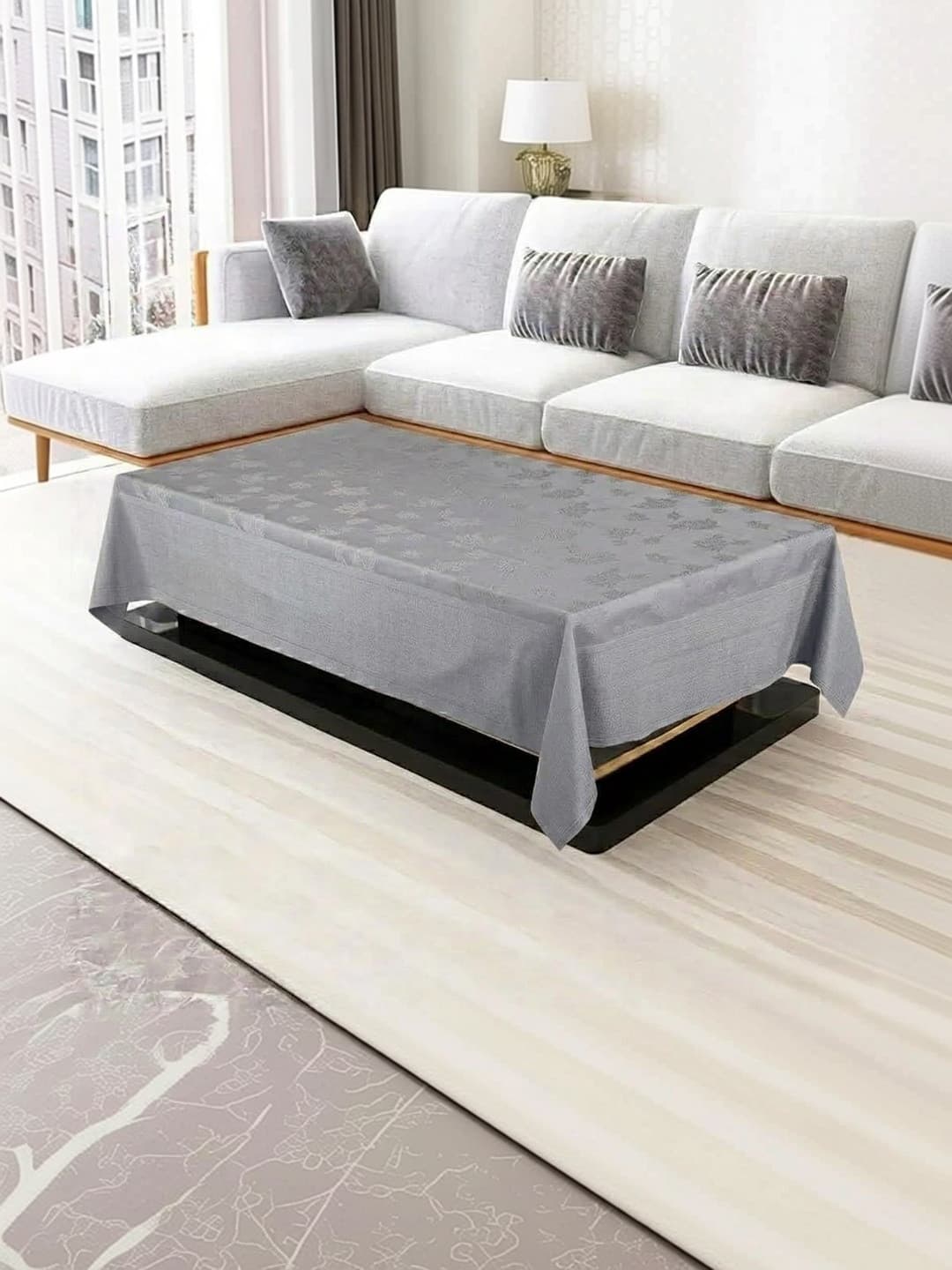 RYKA Grey Floral Cotton 4-Seater Table Cover with Textured details