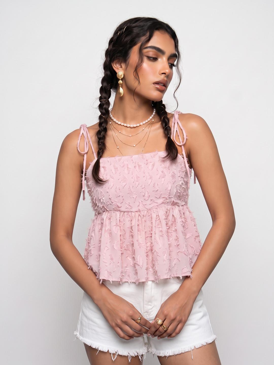 Phosphorus Shoulder Straps Textured Lace Flare Peplum Crop Top