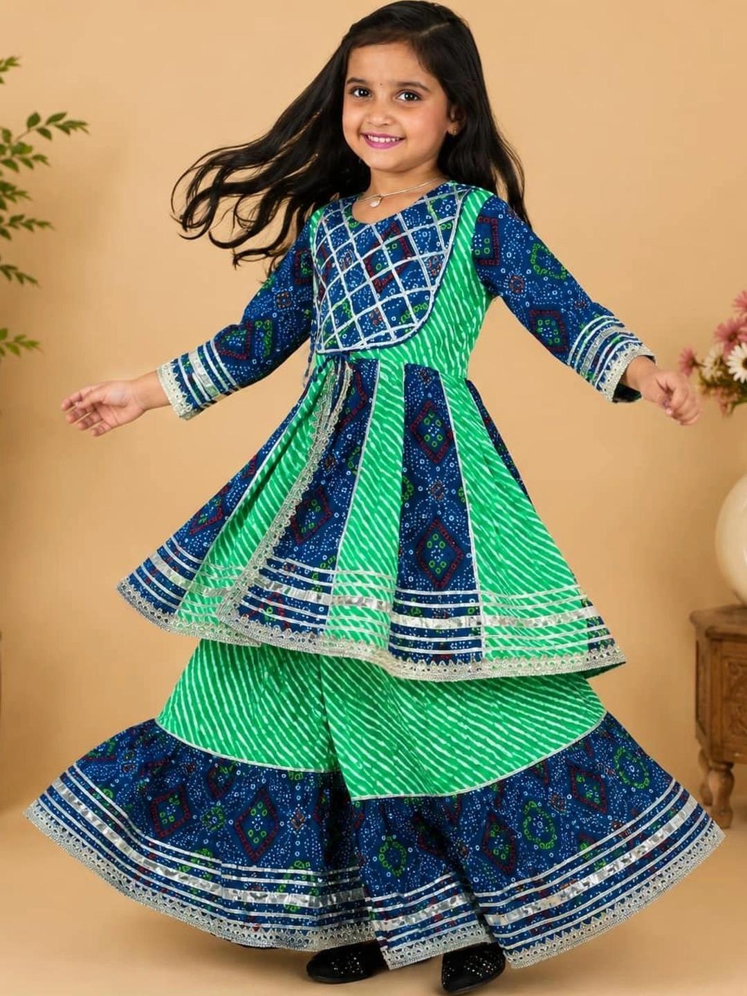 MAITREYO Girls Ethnic Motifs Printed Empire Gotta Patti Pure Cotton Kurta with Sharara
