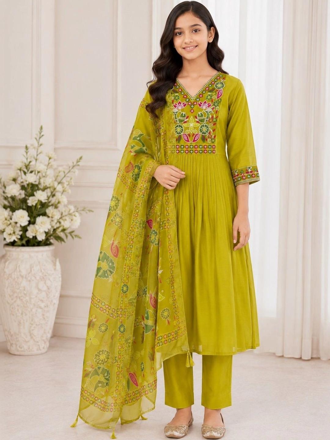 KALINI Girls Floral Embroidered Pleated Thread Work Chanderi Cotton Kurta with Pyjamas & With Dupatta