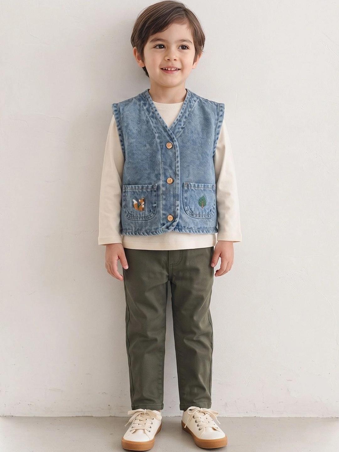 Kiddelpret Girls Woven Design V-Neck Denim Casual Waistcoat