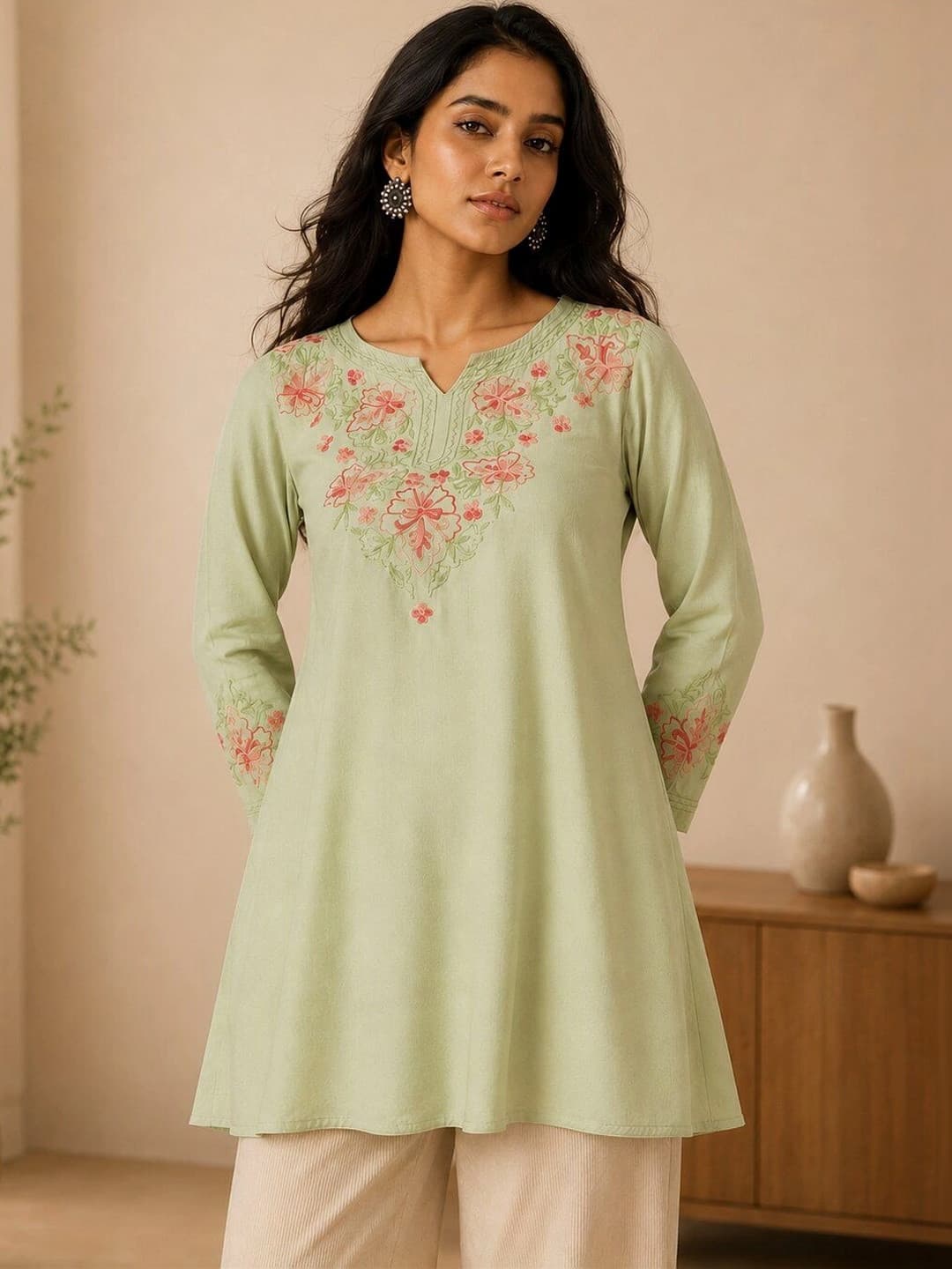 QAZMI Kashmiri Aari Work Viscose Rayon A-Line Flared Kurti