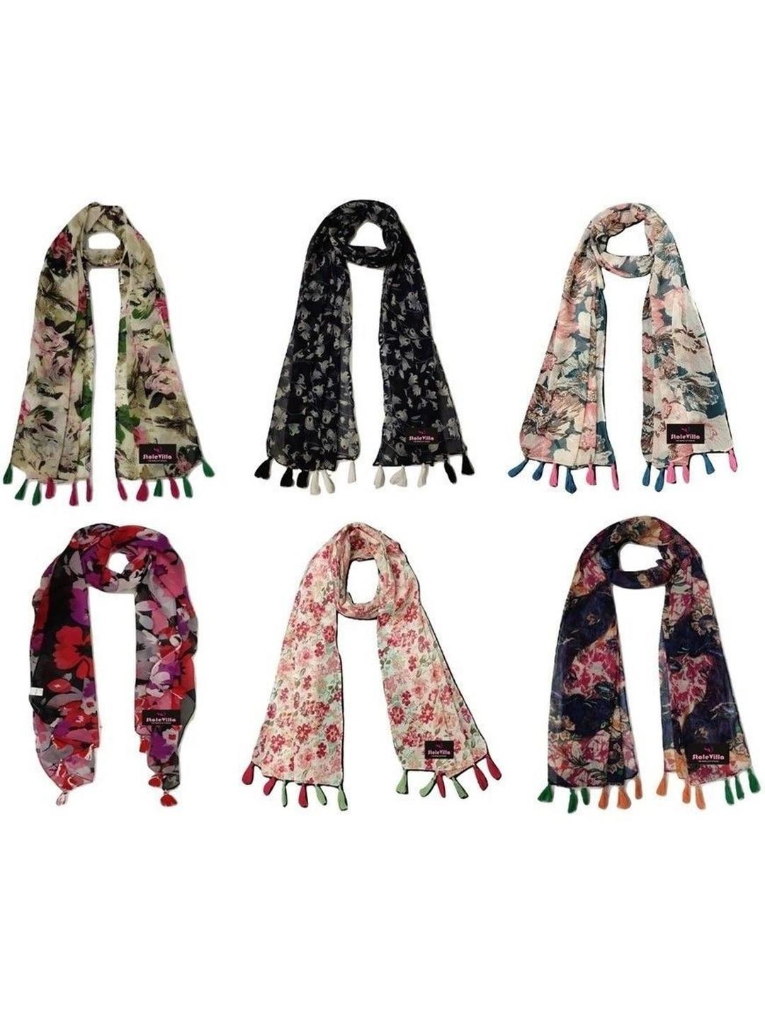 XMSFASHION Women Pack of 6 Floral Printed Stoles