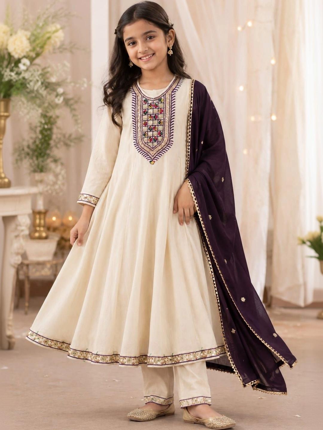 BAESD Girls Ethnic Motifs Embroidered Regular Thread Work Kurta with Trousers & With Dupatta