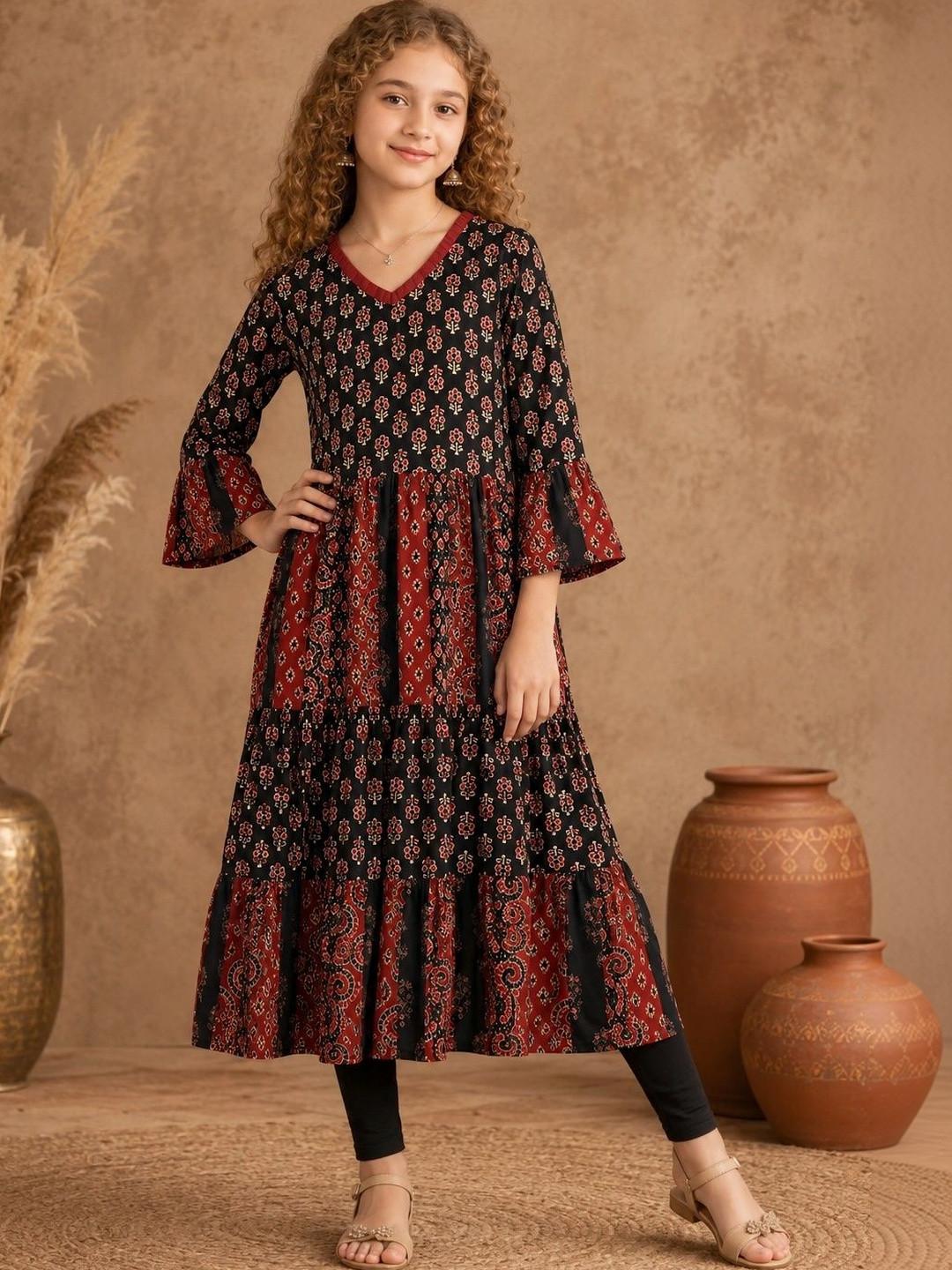 BAESD Girls Ethnic Motifs Printed Flared Sleeves Block Print Anarkali Kurta