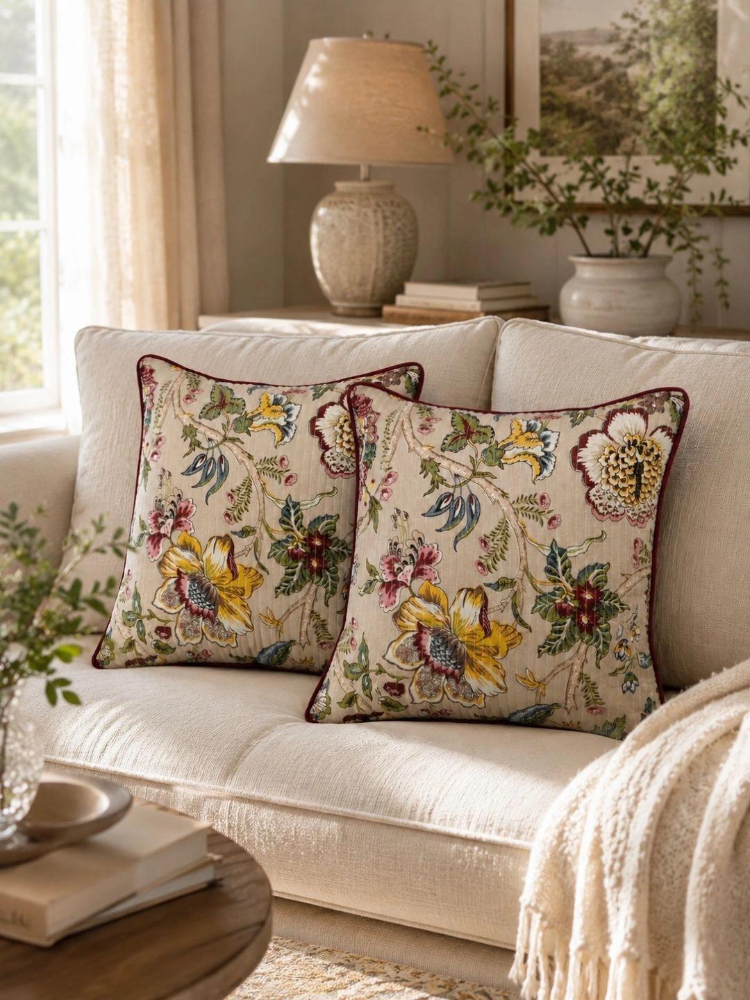 Aura Beige Set of 2 Floral Square Cushion Covers