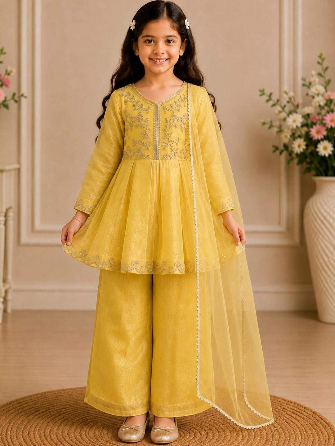 KALINI Girls Ethnic Motifs Embroidered Empire Sequinned Kurta with Palazzos & With Dupatta