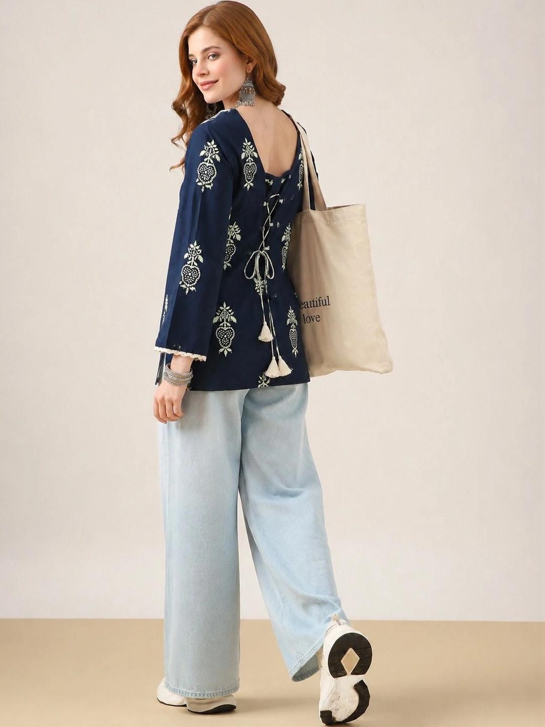 PHYSIL Ethnic Motifs Embroidered V-Neck Thread Work Pure Cotton Thread Work Kurti