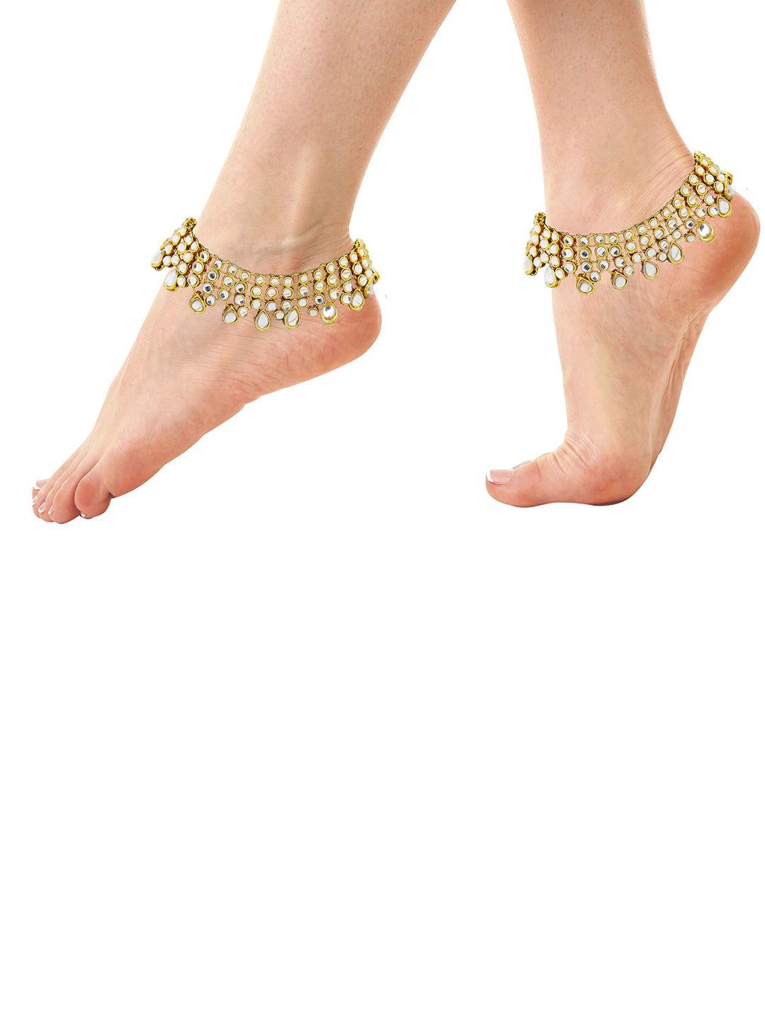 FEMMIBELLA Gold-Plated Stone & Kundan-Studded Layered Anklet
