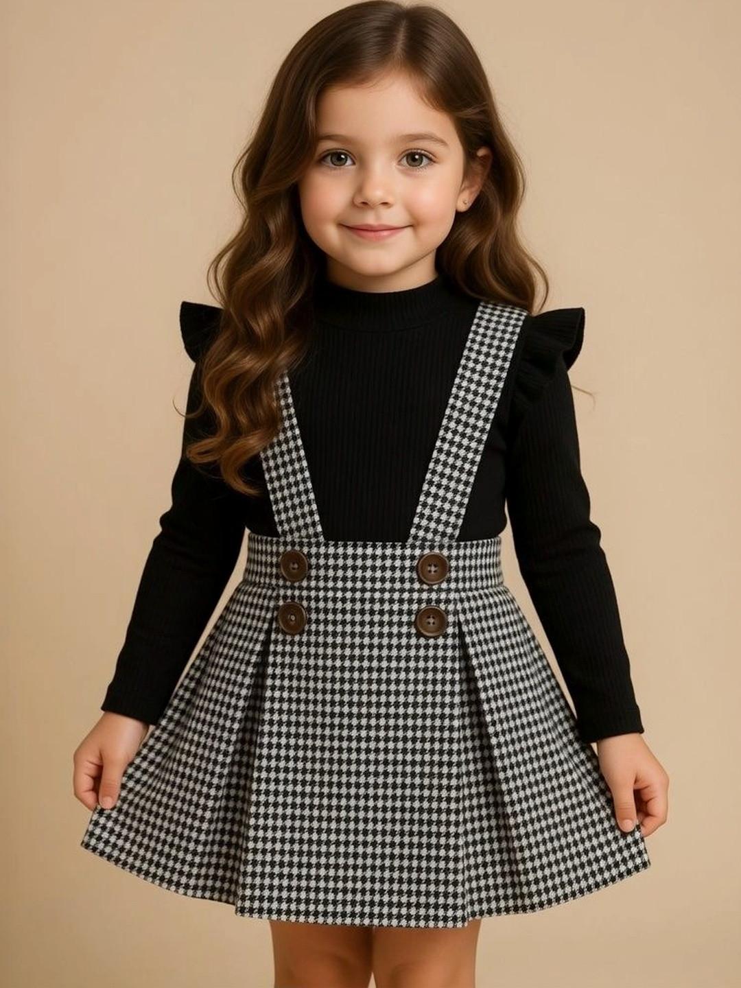 FABMYTRA Girls Houndstooth printed Pure Cotton Flared Short Dungarees