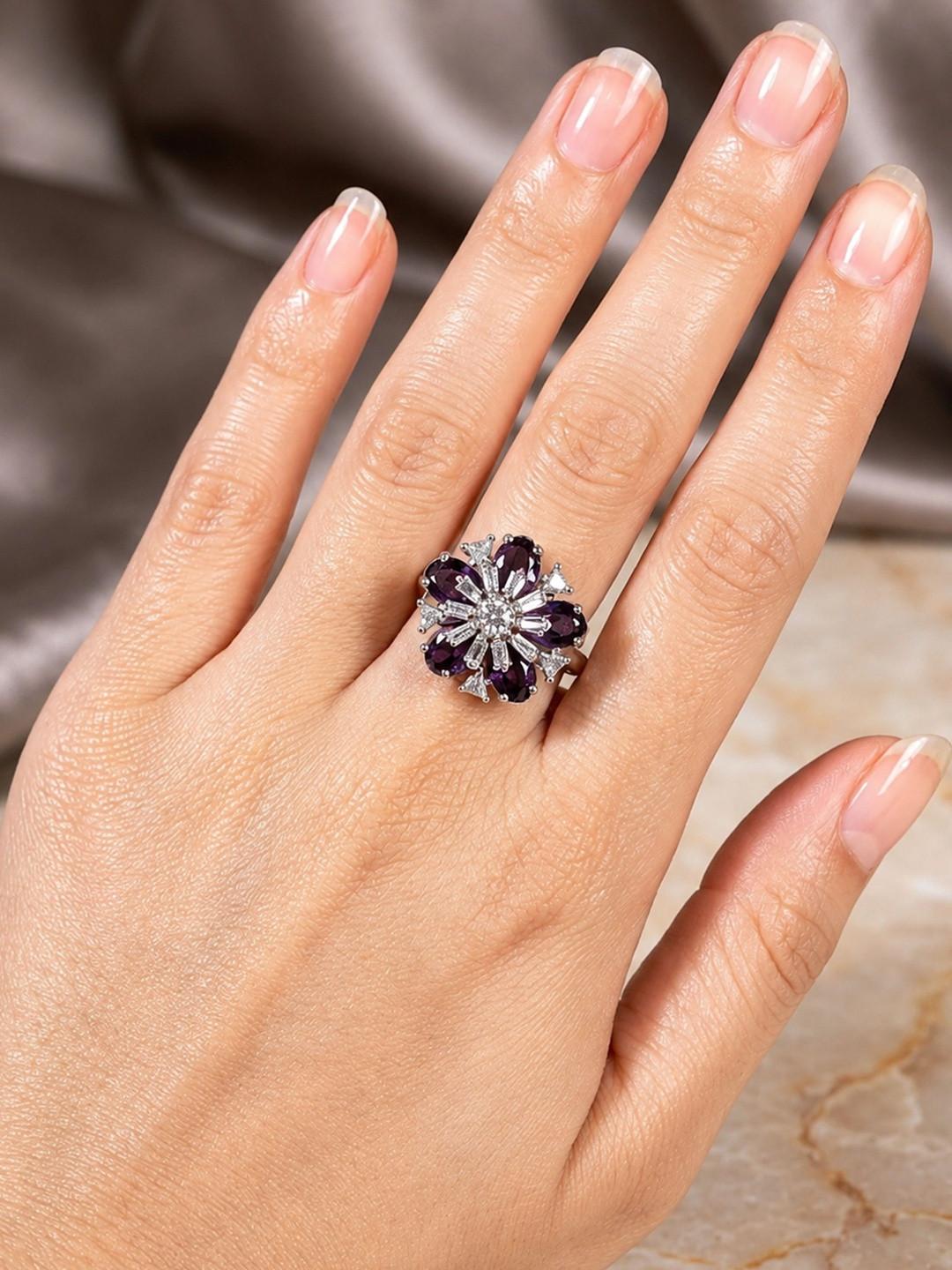 PRIVIU Women Rhodium-Plated American Diamond Finger Ring