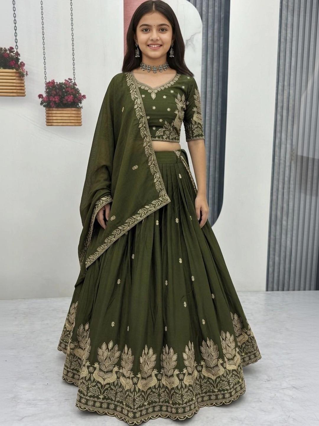 Closin Girls Embroidered Thread Work Ready to Wear Lehenga & Unstitched Blouse With Dupatta