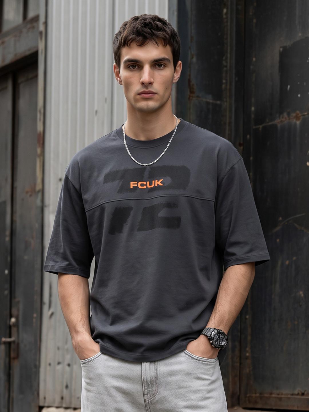 FCUK Oversized Typography Printed Pure Cotton T-shirt