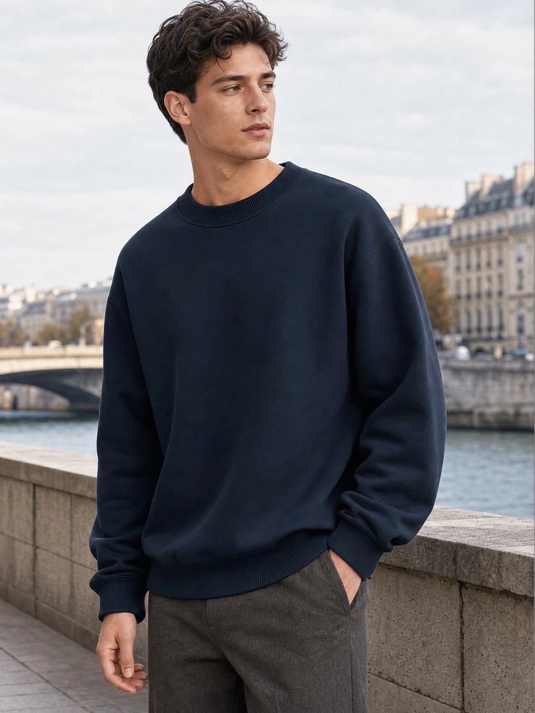 NOBERO Men Oversized Solid Round Neck Sweatshirt