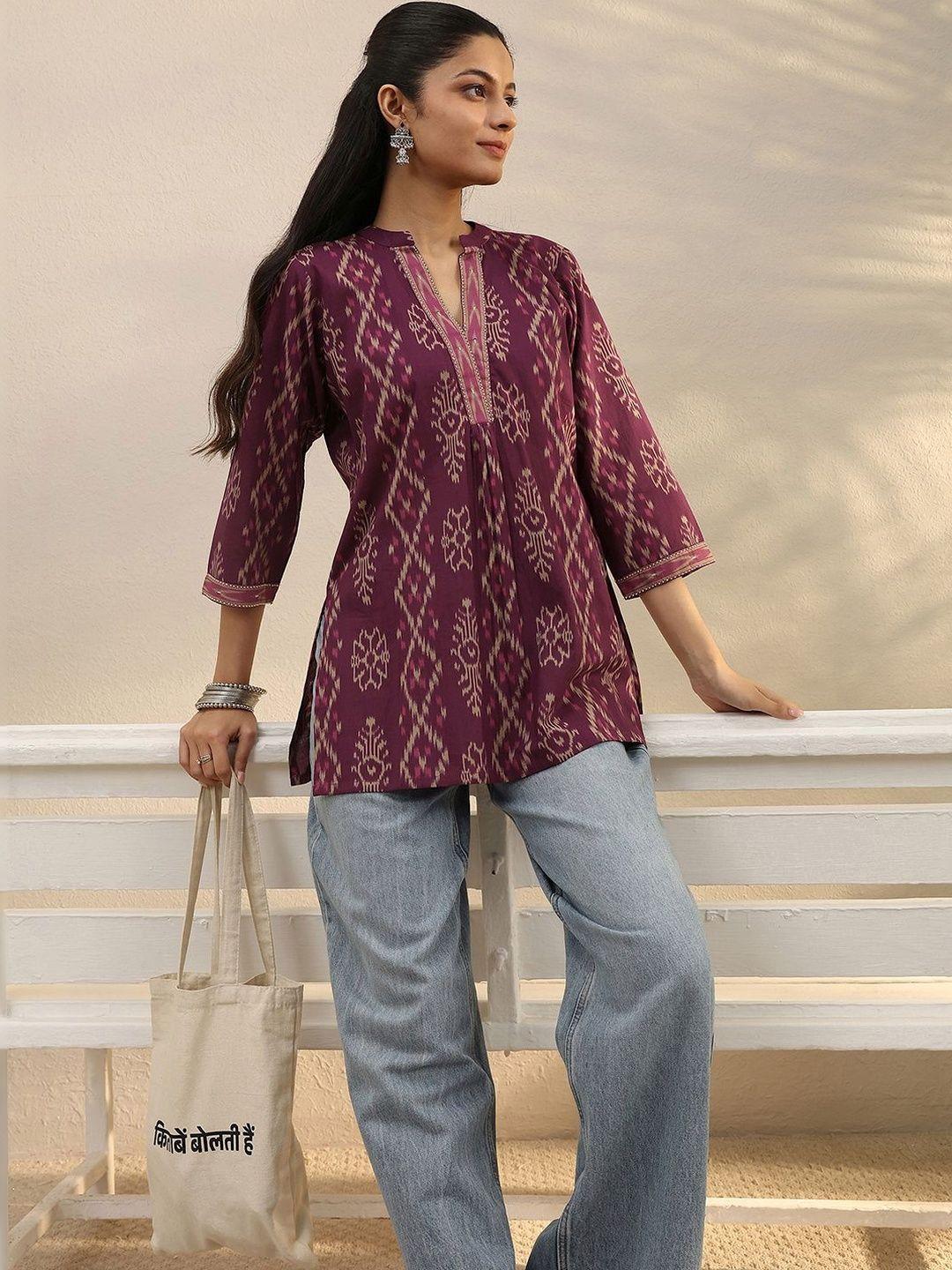 Libas Purple Ethnic Printed Cotton A-Line Short Kurti