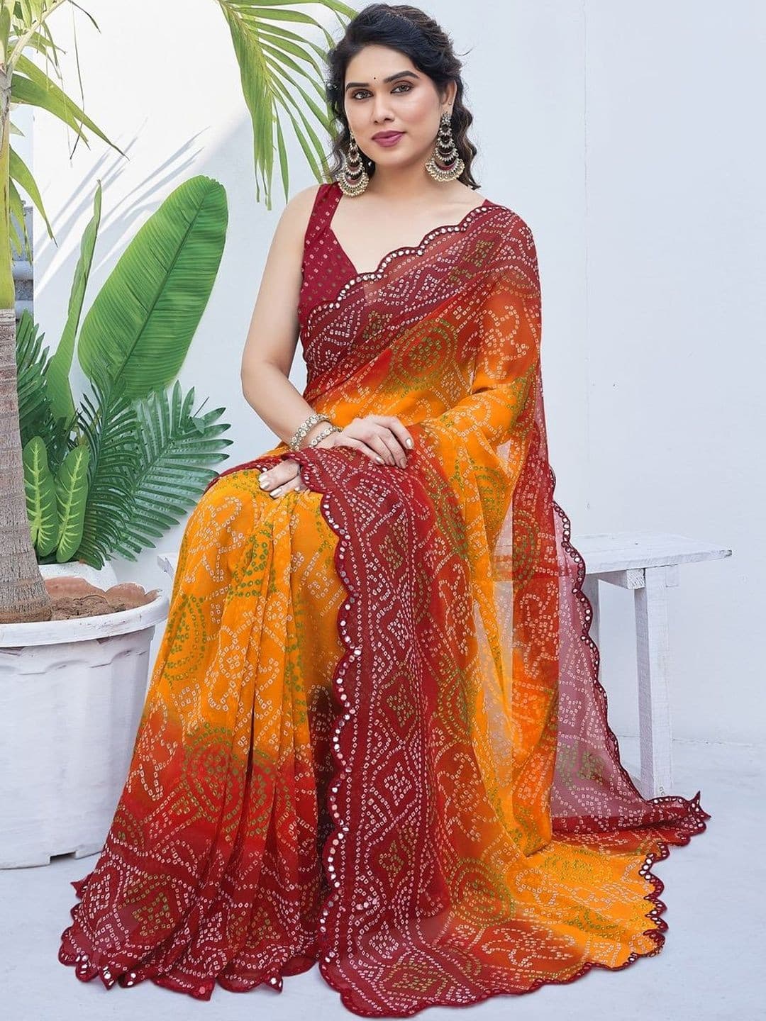 Subham Bandhani Mirror Work Poly Georgette Bandhani Saree