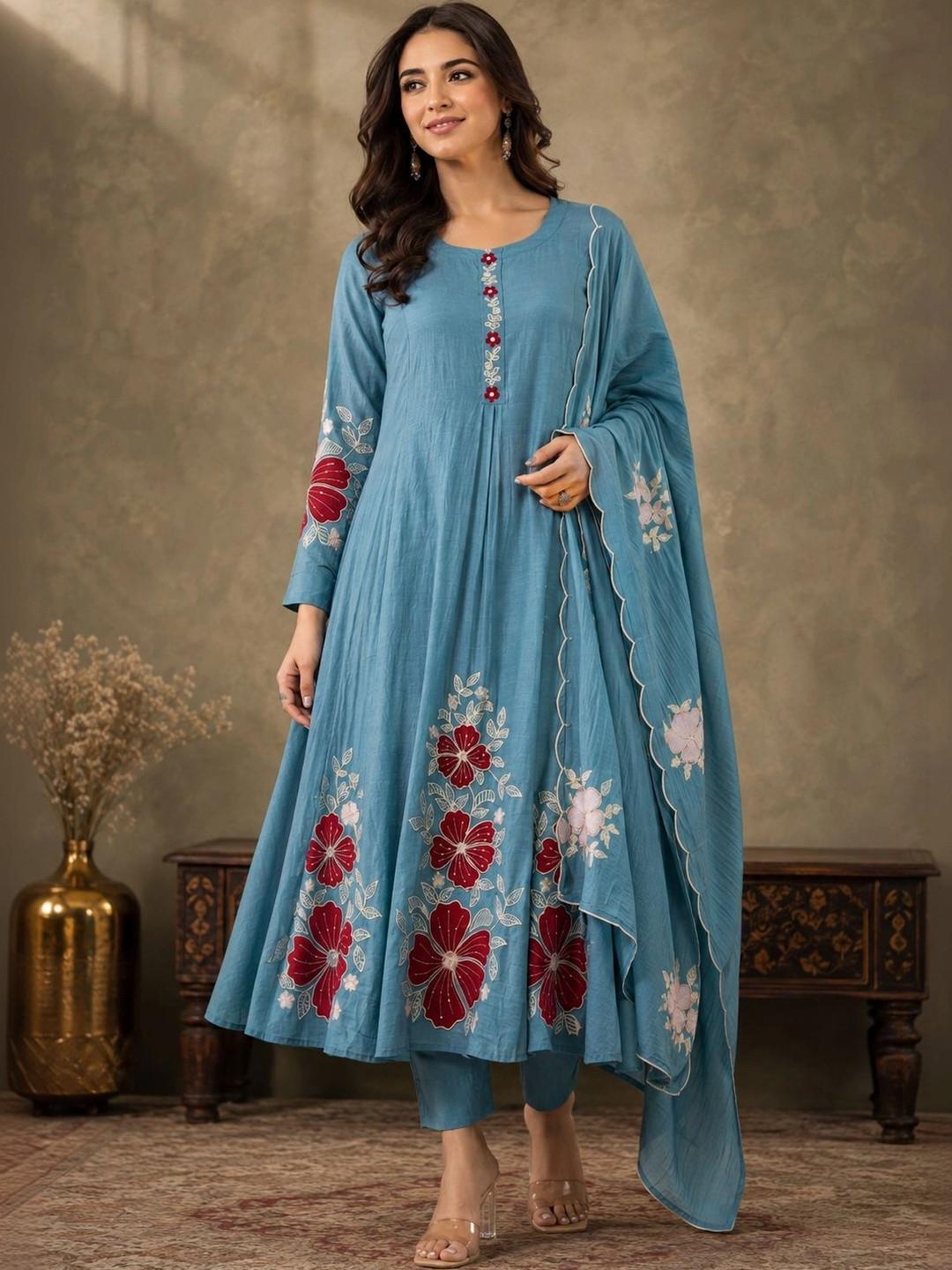 Sangria Women Floral Embroidered Regular Thread Work Kurta with Trousers & With Dupatta