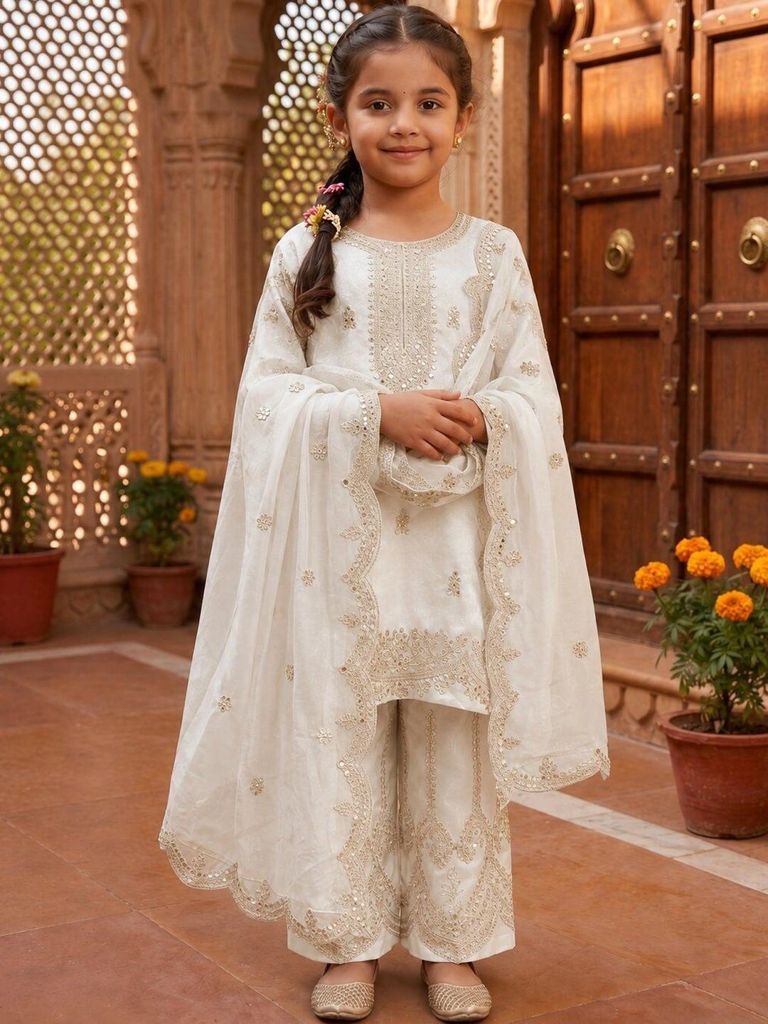 Sangria Girls Ethnic Motifs Embroidered Regular Mirror Work Pure Silk Kurta with Palazzos & With Dupatta