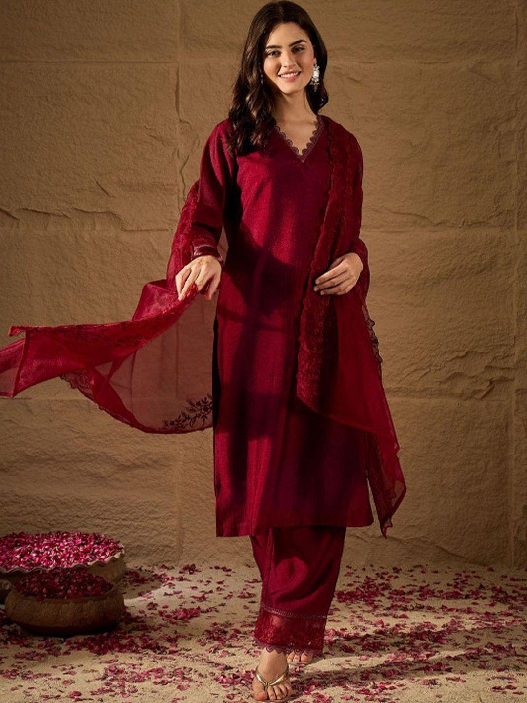 Sangria Women Ethnic Motifs Regular Thread Work Kurta with Trousers & With Dupatta