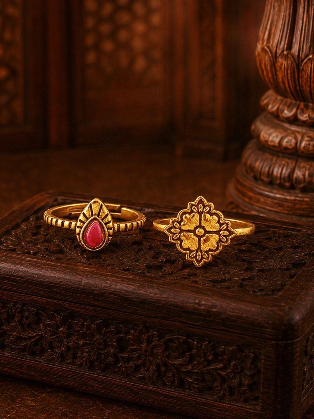 Voylla Women Set of 2 Gold-Plated Temple Cubic Zirconia Finger Ring