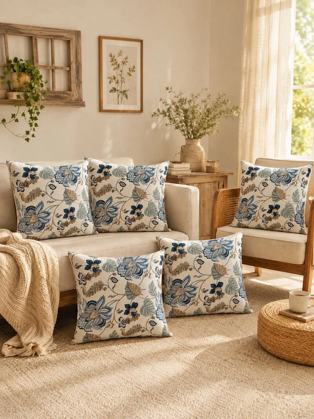 Clasiko Cream-Coloured & Blue Set of 5 Floral Square Cushion Covers