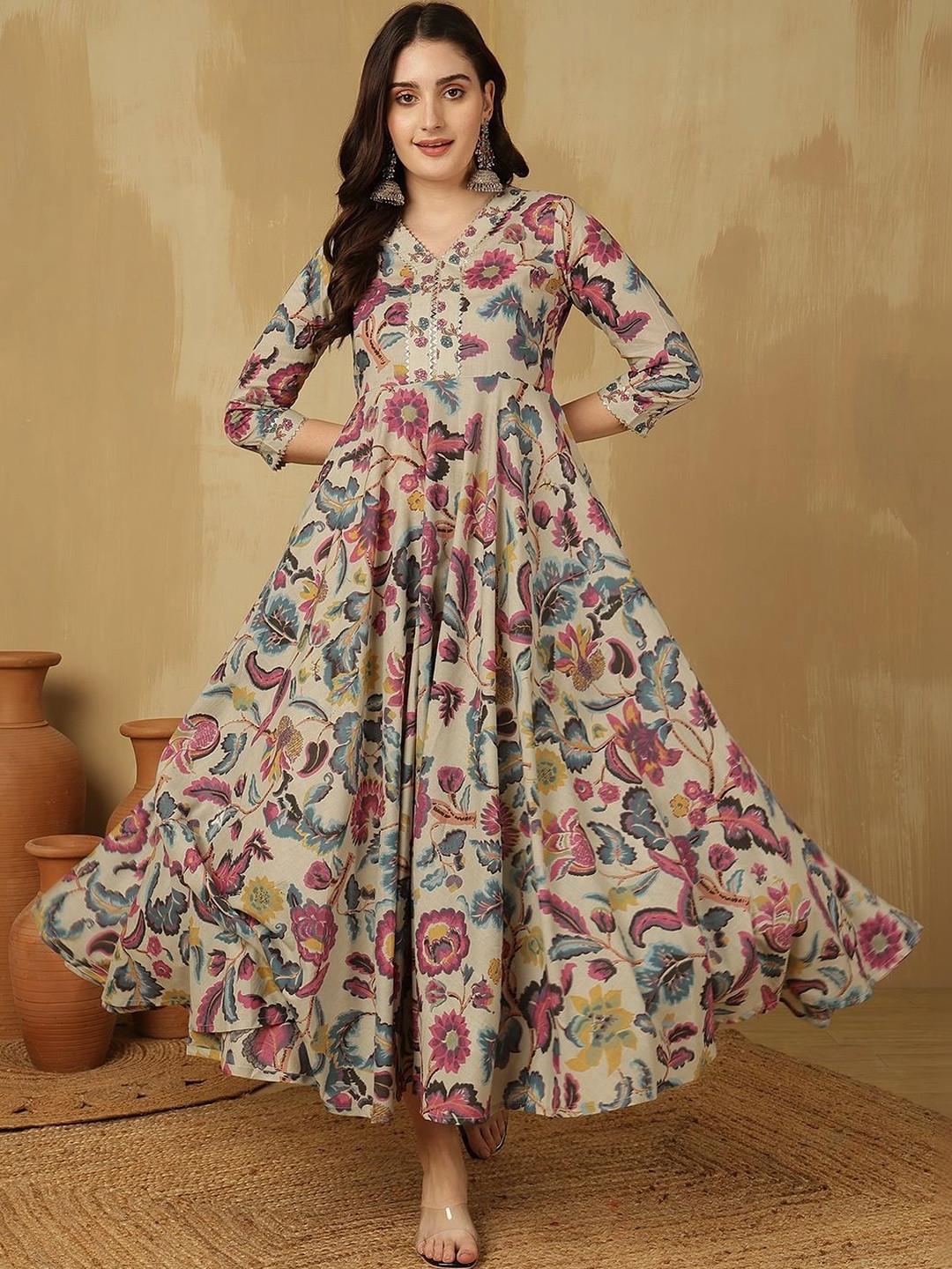 Sangria Women Floral Printed Thread Work Floral Anarkali Kurta