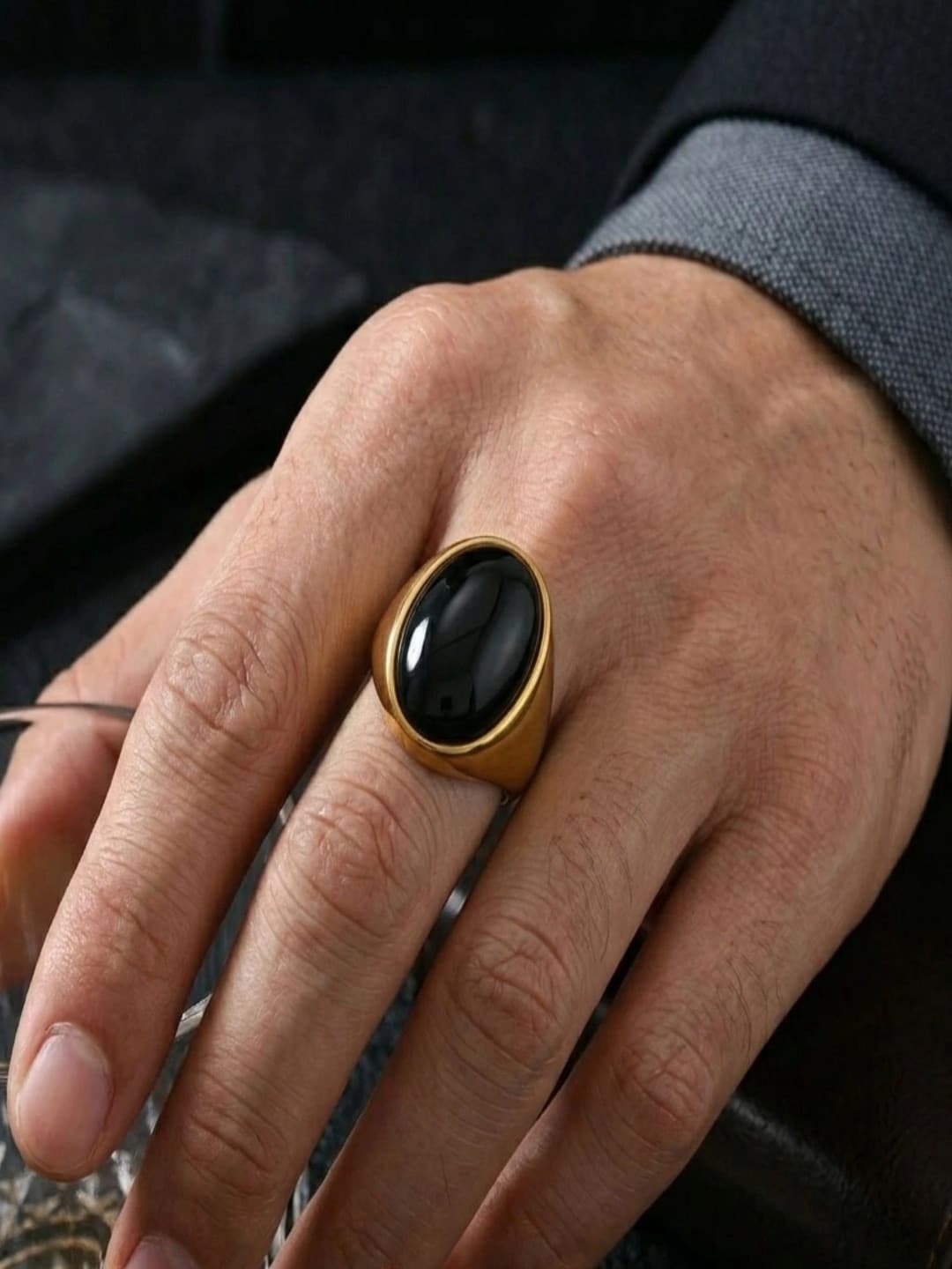 AQUASTREET Men Gold-Plated Onyx Finger Ring