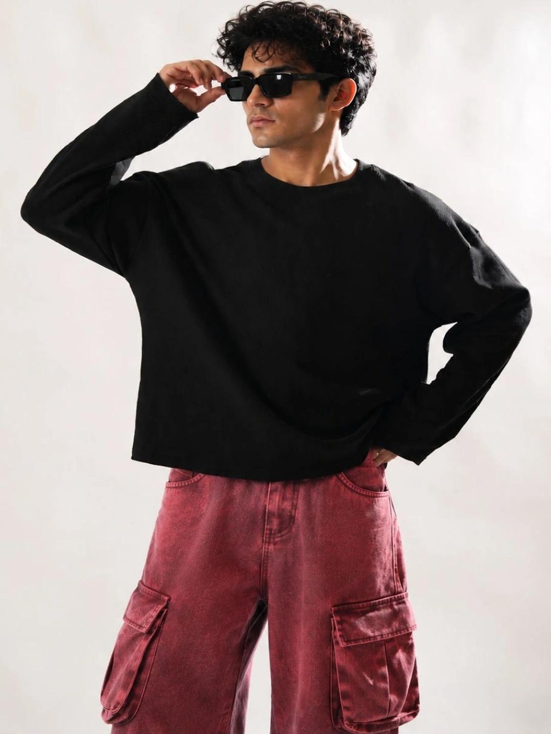 BEOVER Men's Black Boxy Crop T-shirt with Drop-Shoulder