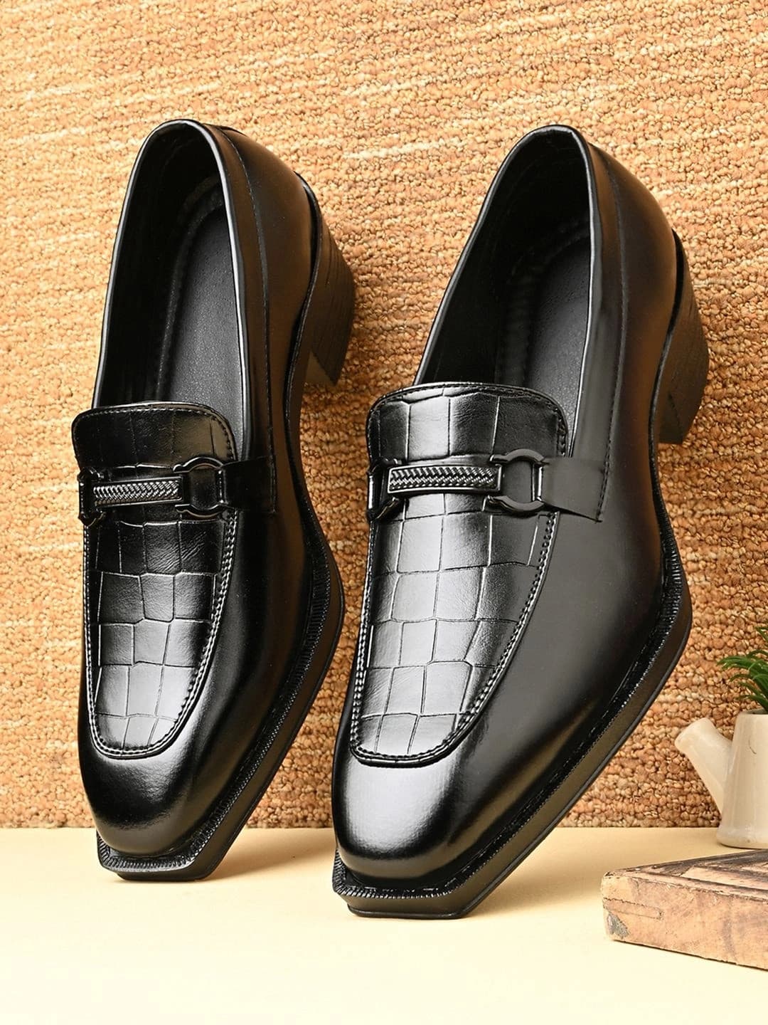 INVICTUS Men Textured PU Square Toe Slip-On Loafers Formal Shoes
